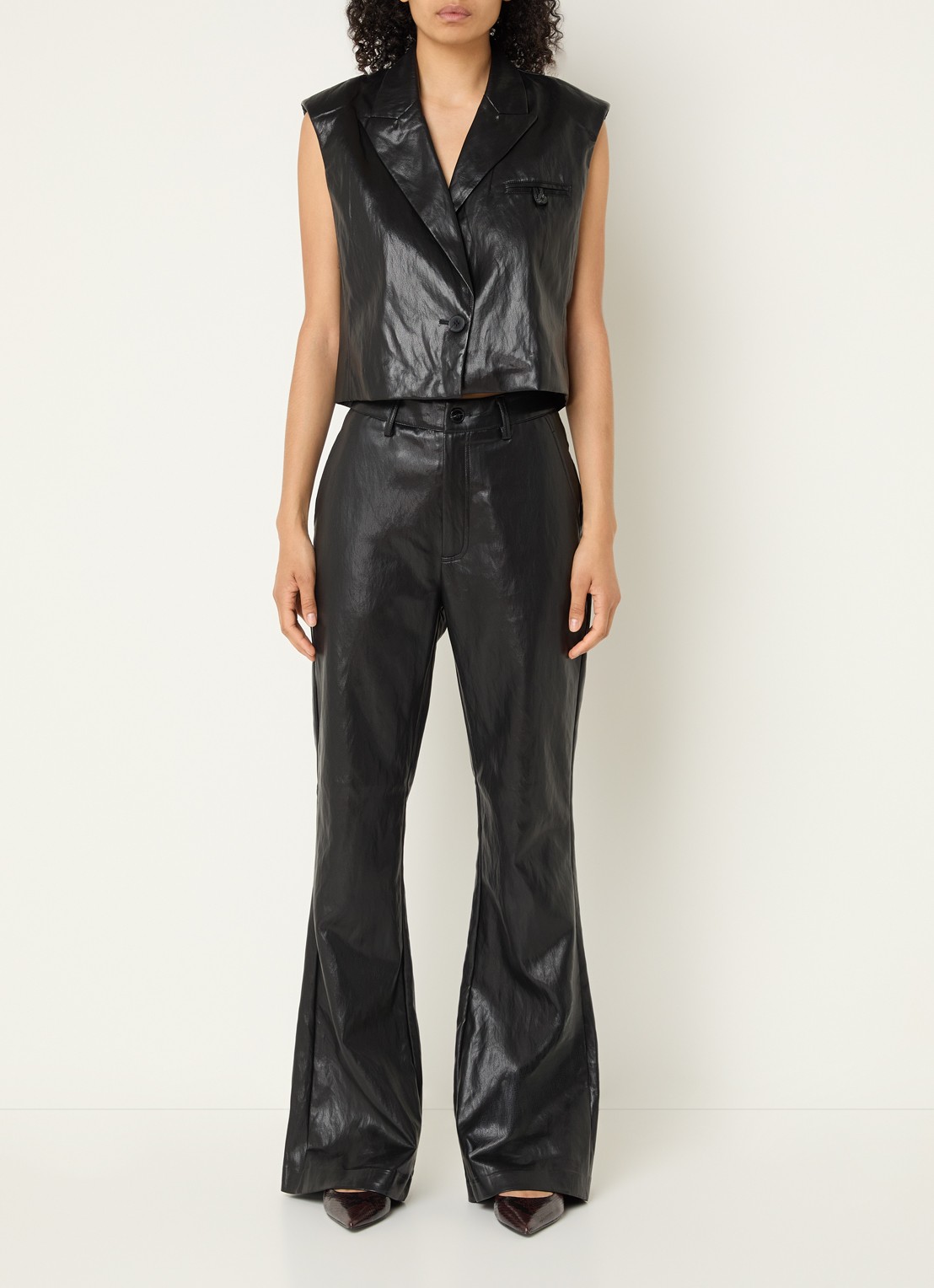 Co'Couture Gitt high waist flared fit broek van imitatieleer - voorkant 3 zwart