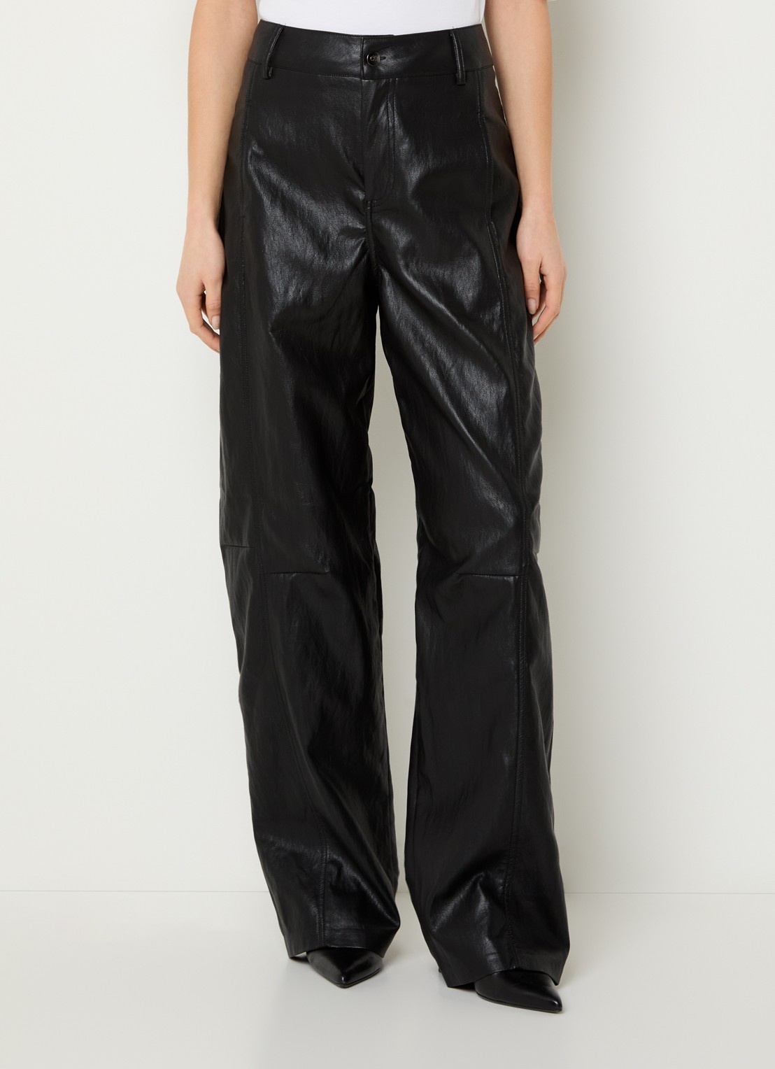 Co'Couture Gitt high waist wide fit broek van imitatieleer - detail 4 zwart