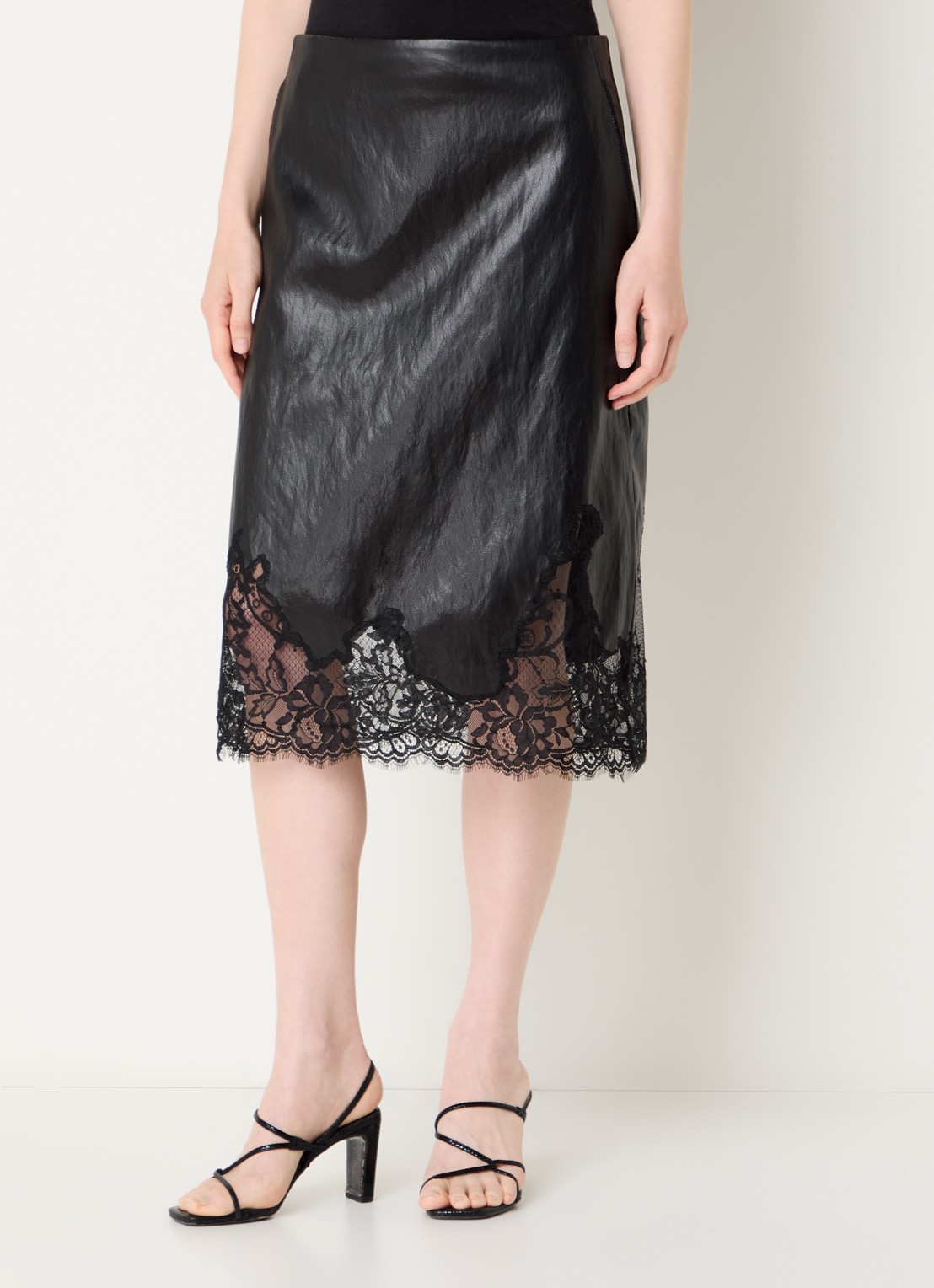 Co'Couture GittCC midi rok van imitatieleer met details van kant - detail zwart