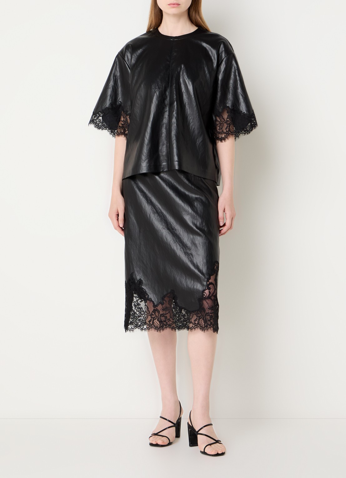 Co'Couture GittCC midi rok van imitatieleer met details van kant - voorkant 4 zwart