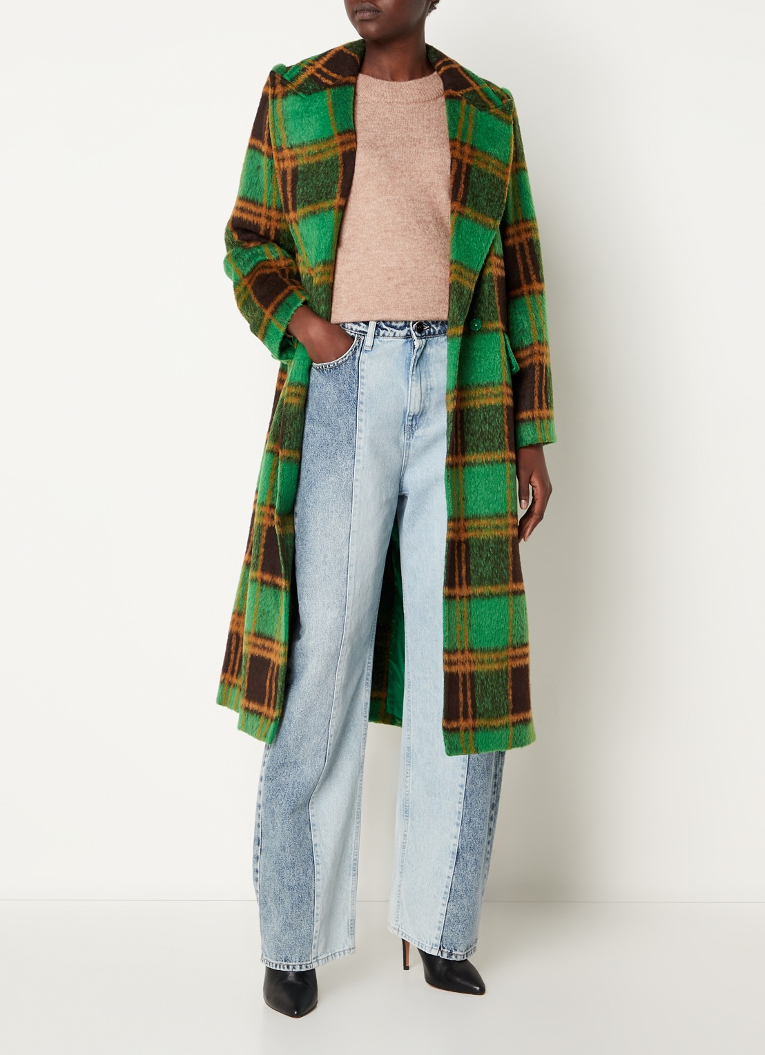Co'Couture Harlem mantel in wolblend met strikceintuur - voorkant 2 groen