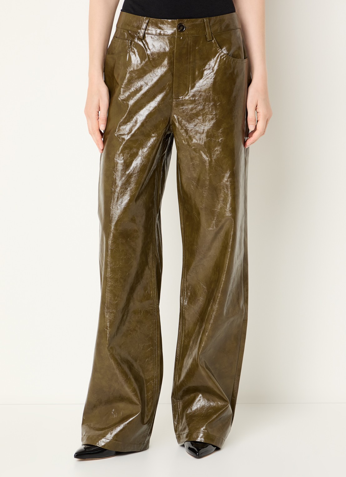 Co'Couture High waist wide fit broek van imitatieleer met steekzakken - detail 4 mosgroen
