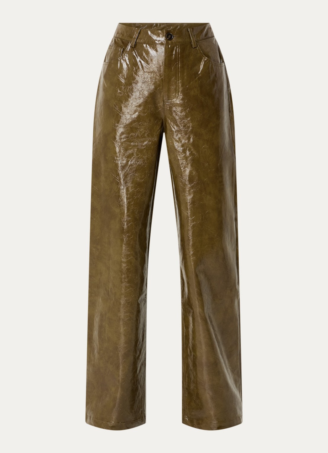 Co'Couture High waist wide fit broek van imitatieleer met steekzakken - voorkant mosgroen