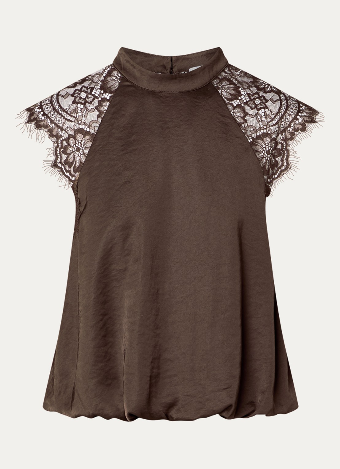 Co'Couture IdunCC top van satijn met details van kant - voorkant donkerbruin