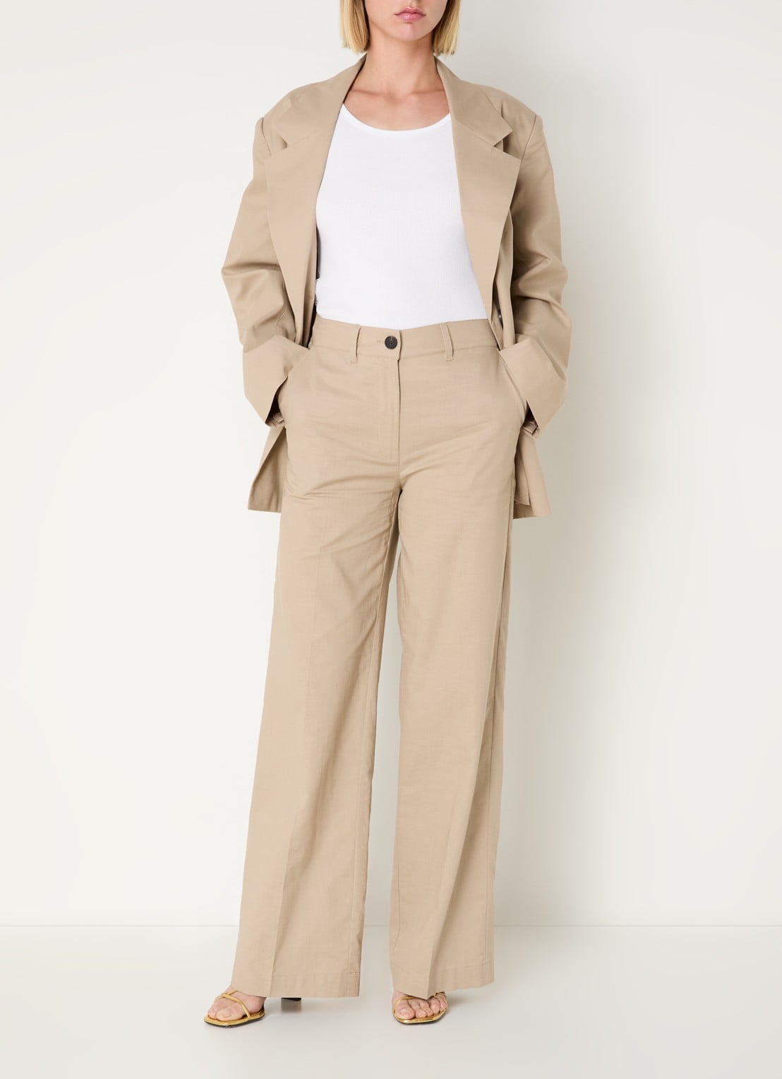 Co'Couture LeilaCC LL high waist wide fit pantalon in linnenblend - voorkant 3 beige