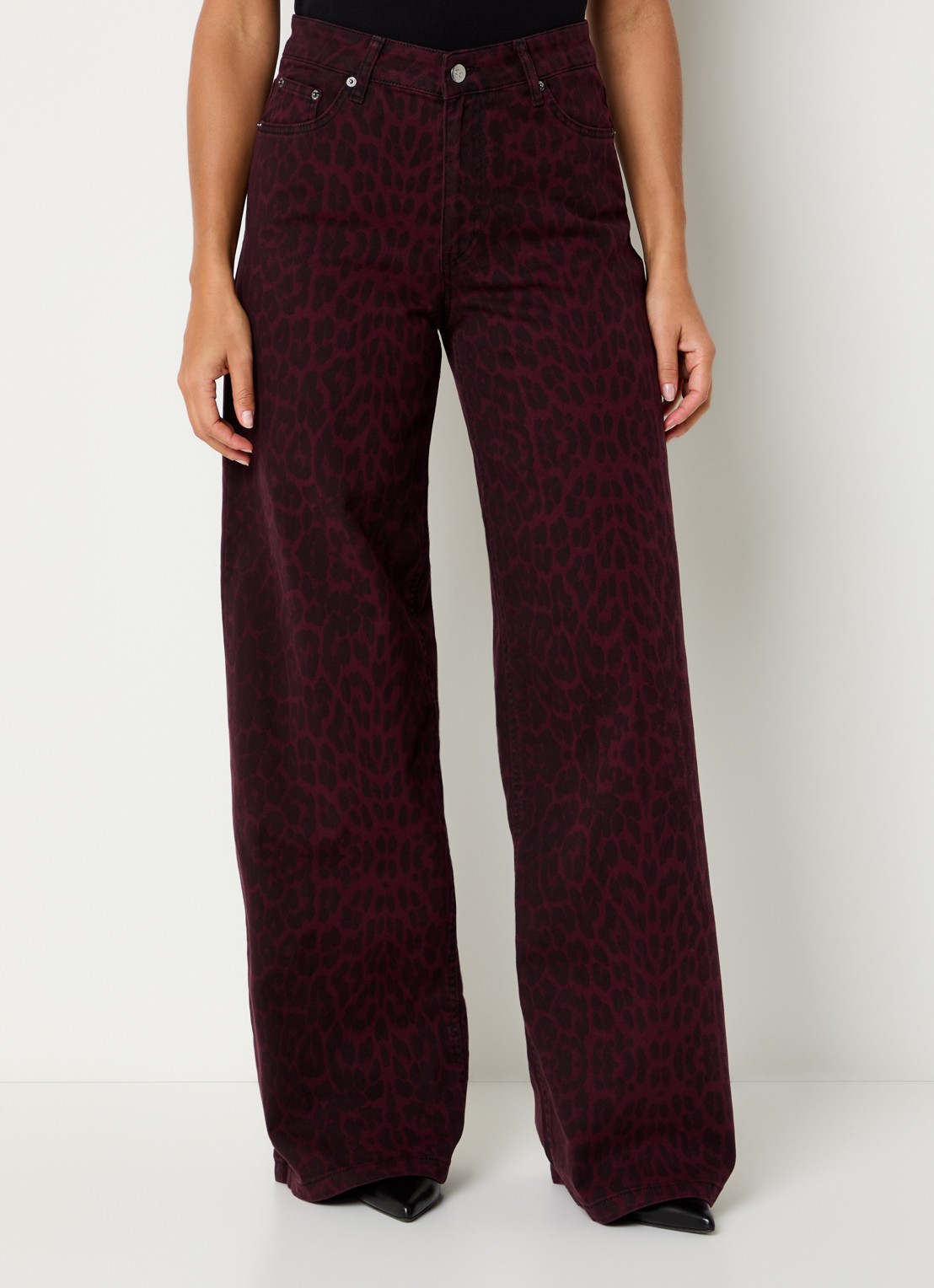 Co'Couture Leo high waist wide leg jeans met panterprint - detail 3 bordeauxrood