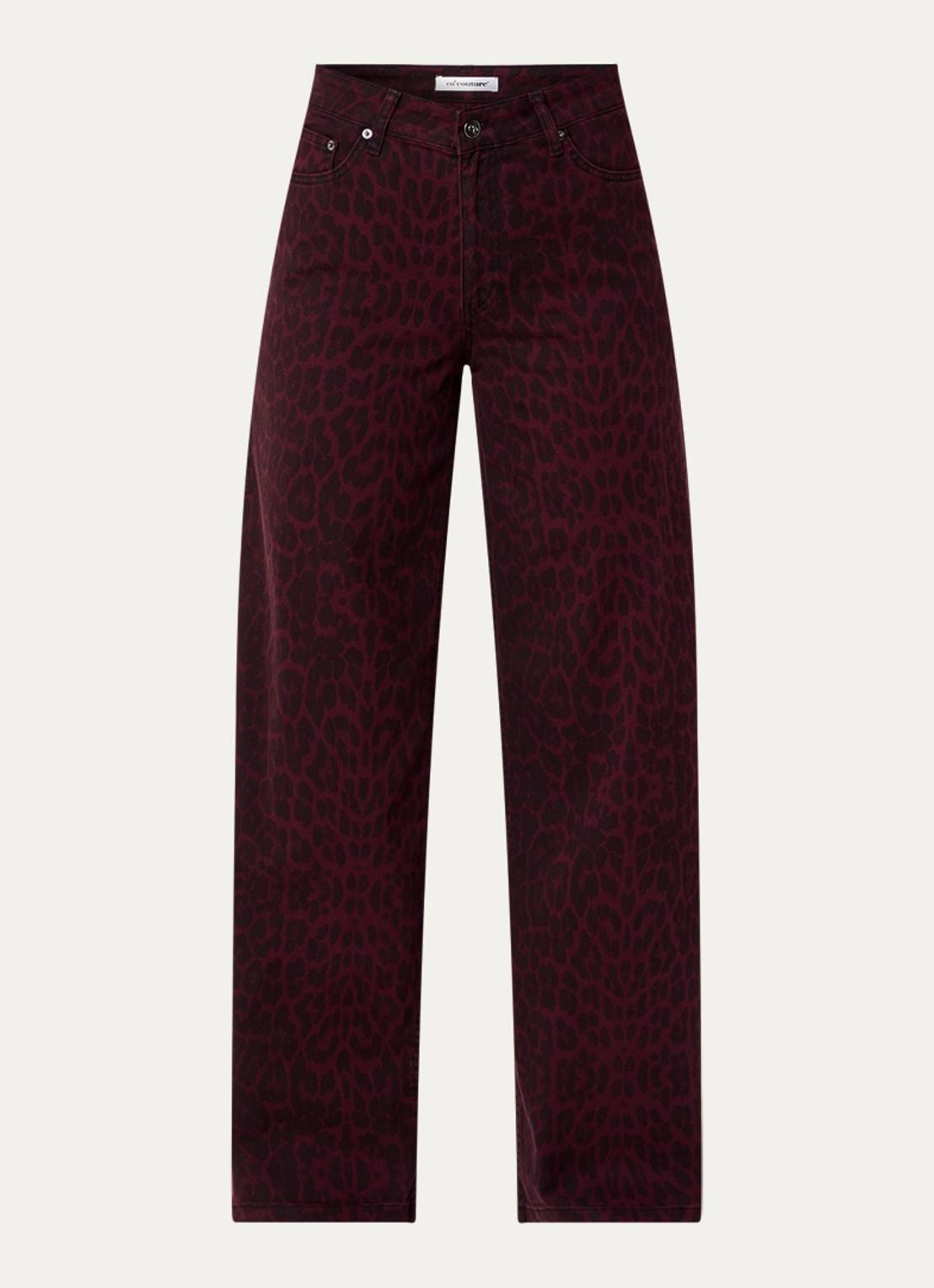 Co'Couture Leo high waist wide leg jeans met panterprint - voorkant bordeauxrood