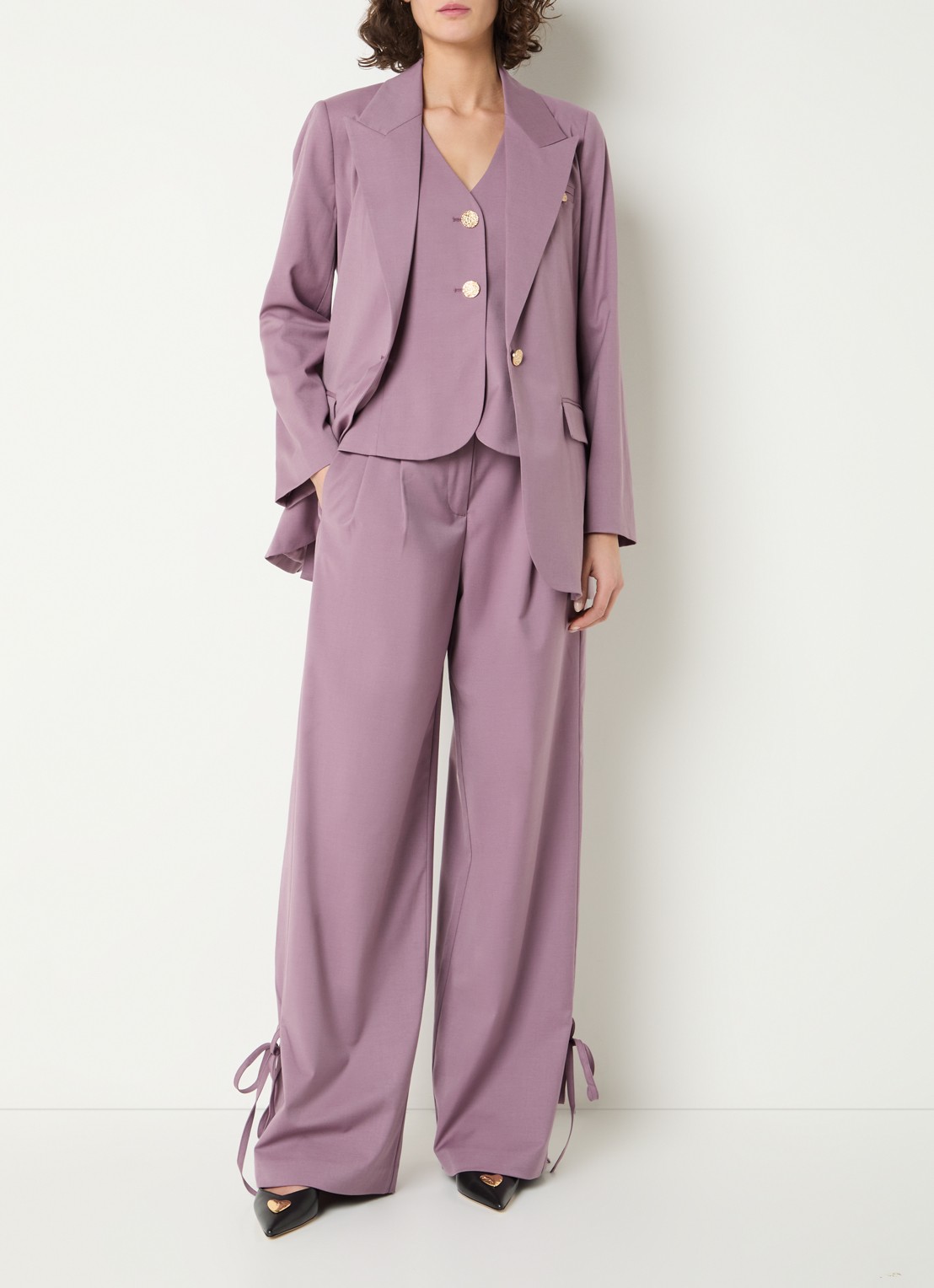 Co'Couture Liam high waist wide fit panatlon in wolblend met gestrikt detail - voorkant 4 oudroze
