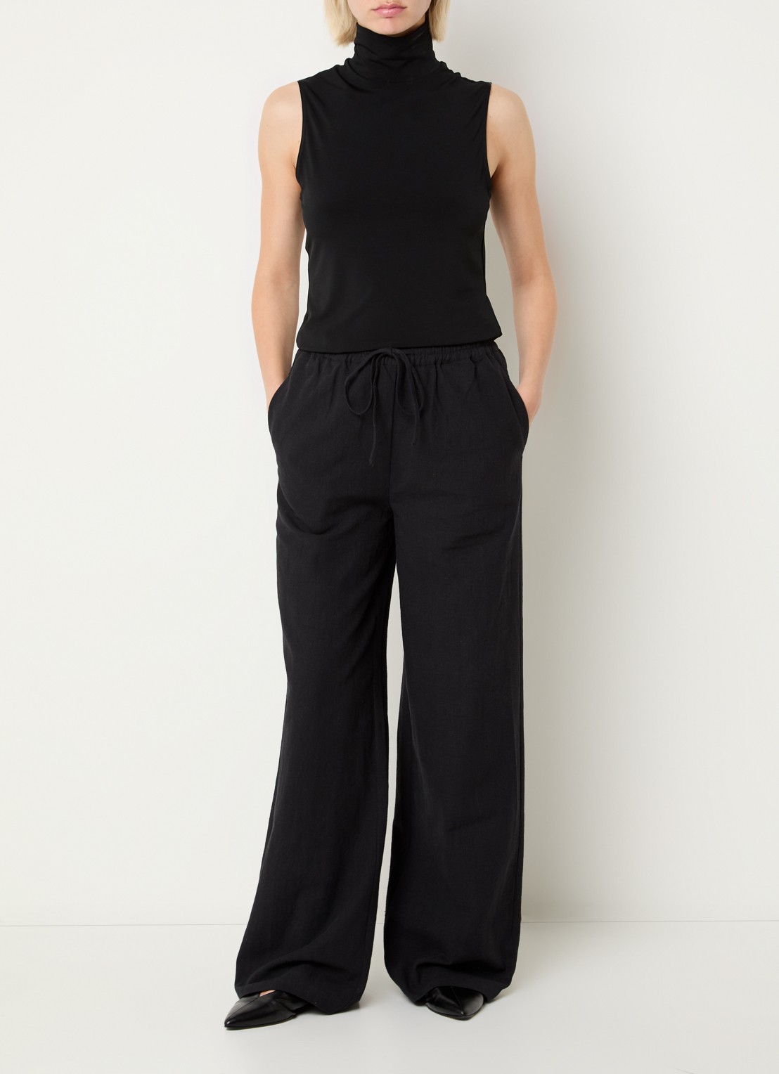 Co'Couture Loise high waist wide fit palazzo broek van linnen - voorkant 2 zwart