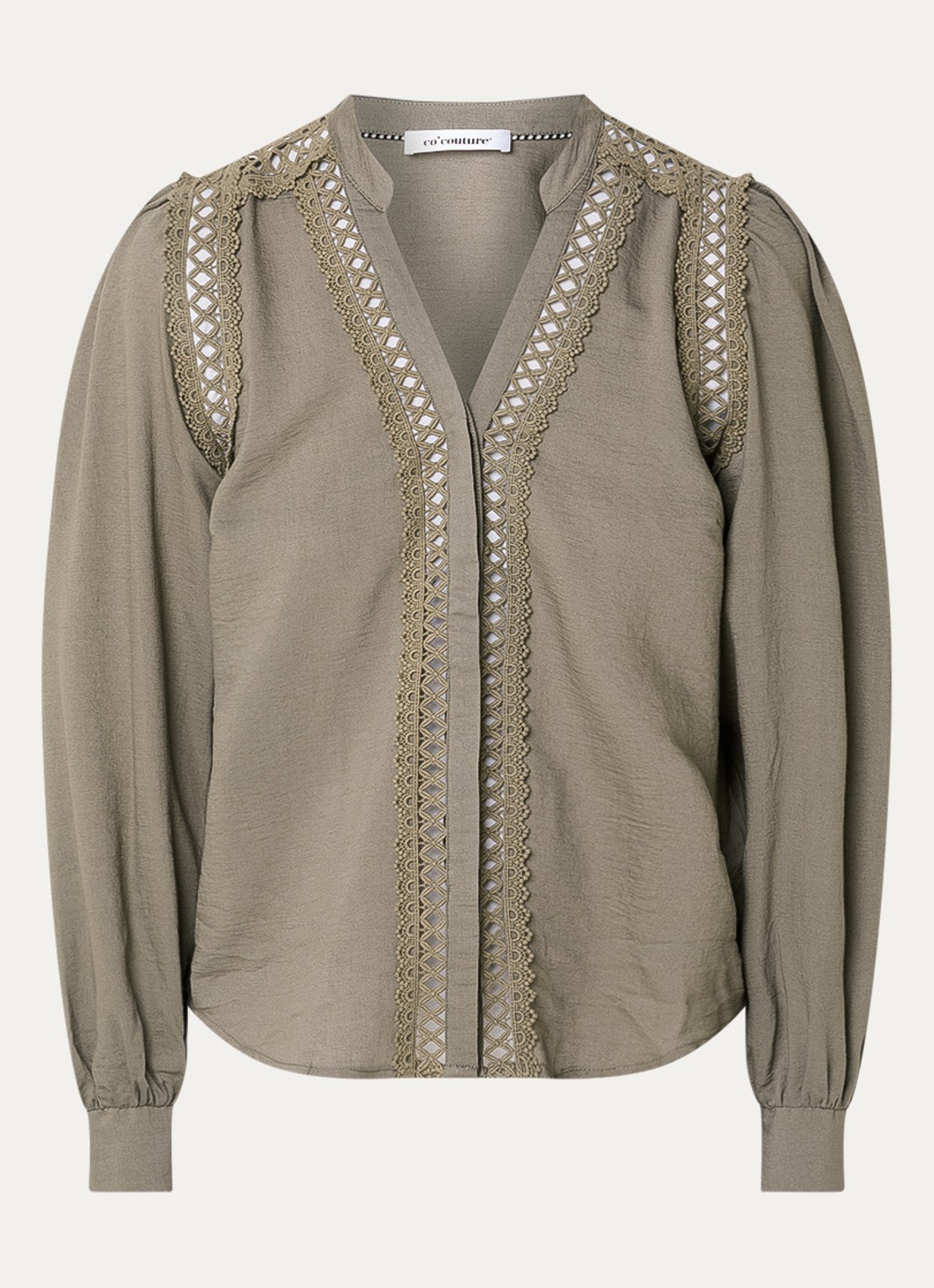 Co'Couture Notis blouse met opengewerkt dessin - voorkant 2 bronsgroen
