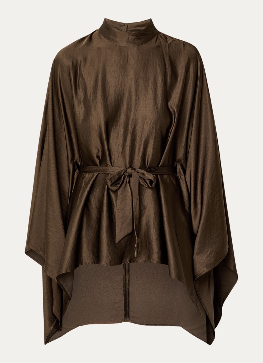 Co'Couture Poncho van satijn met strikceintuur - voorkant 3 bruin
