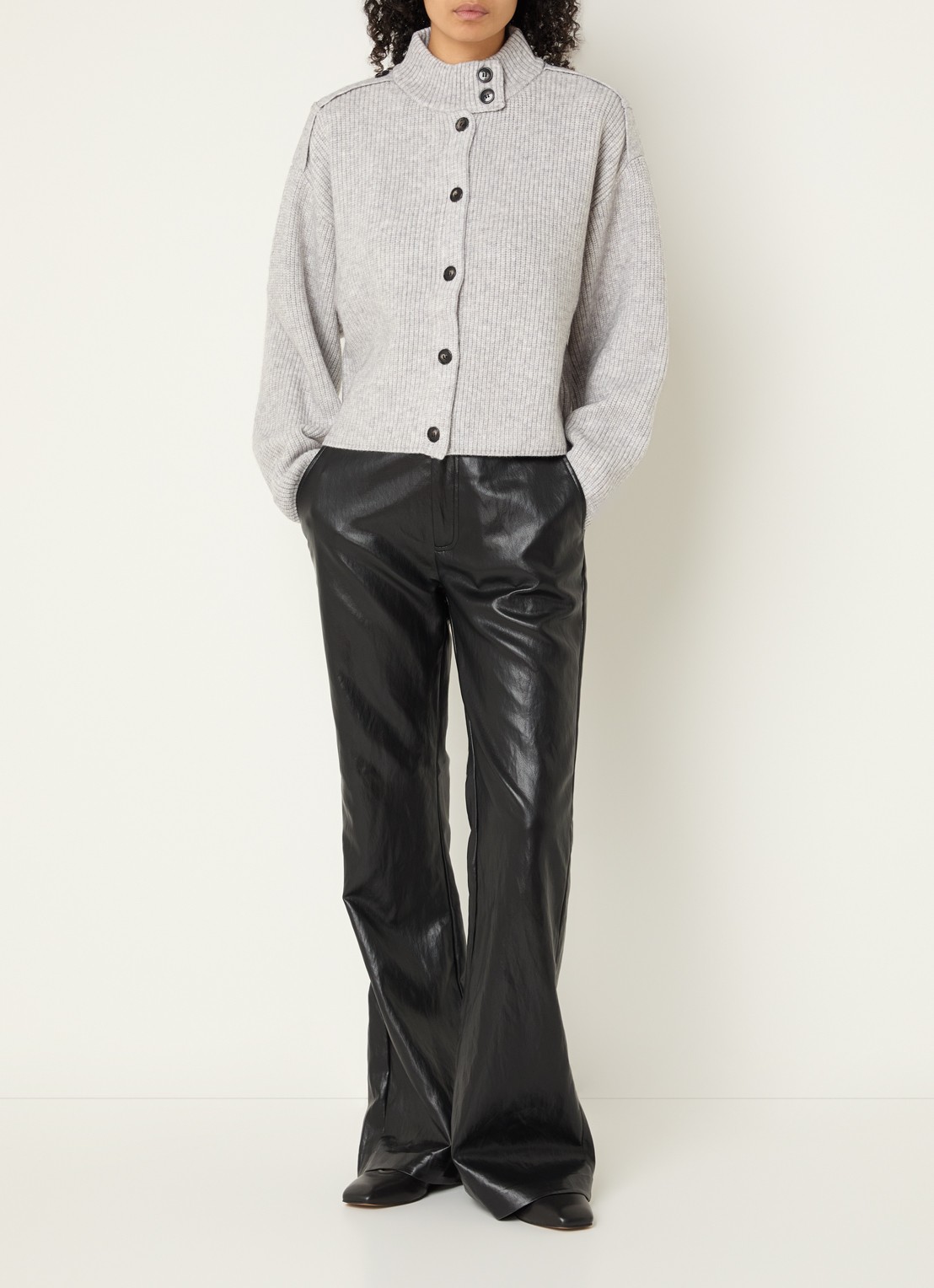 Co'Couture Row grofgebreid vest met opstaande kraag - voorkant 4 grijsmele