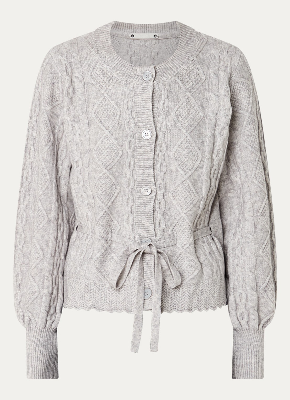 Co'Couture Row kabelgebreid vest met strikceintuur  - voorkant grijsmele