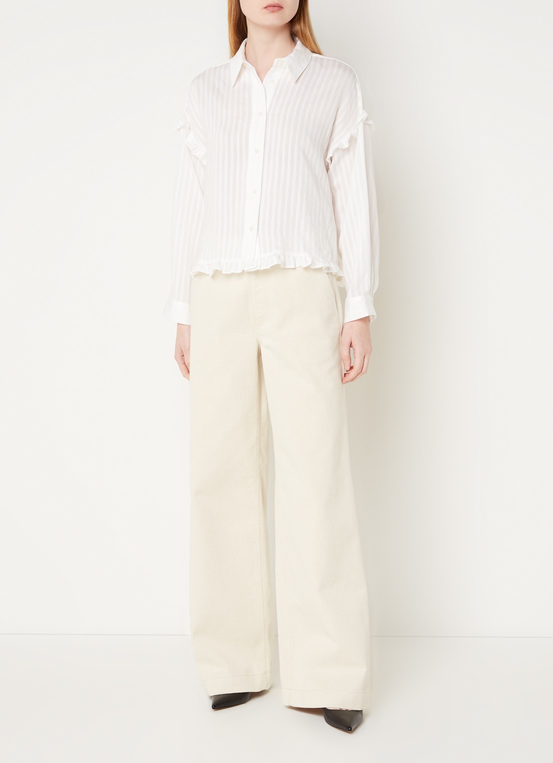 Co'Couture Selma blouse met streepprint en volant - voorkant 2 wit