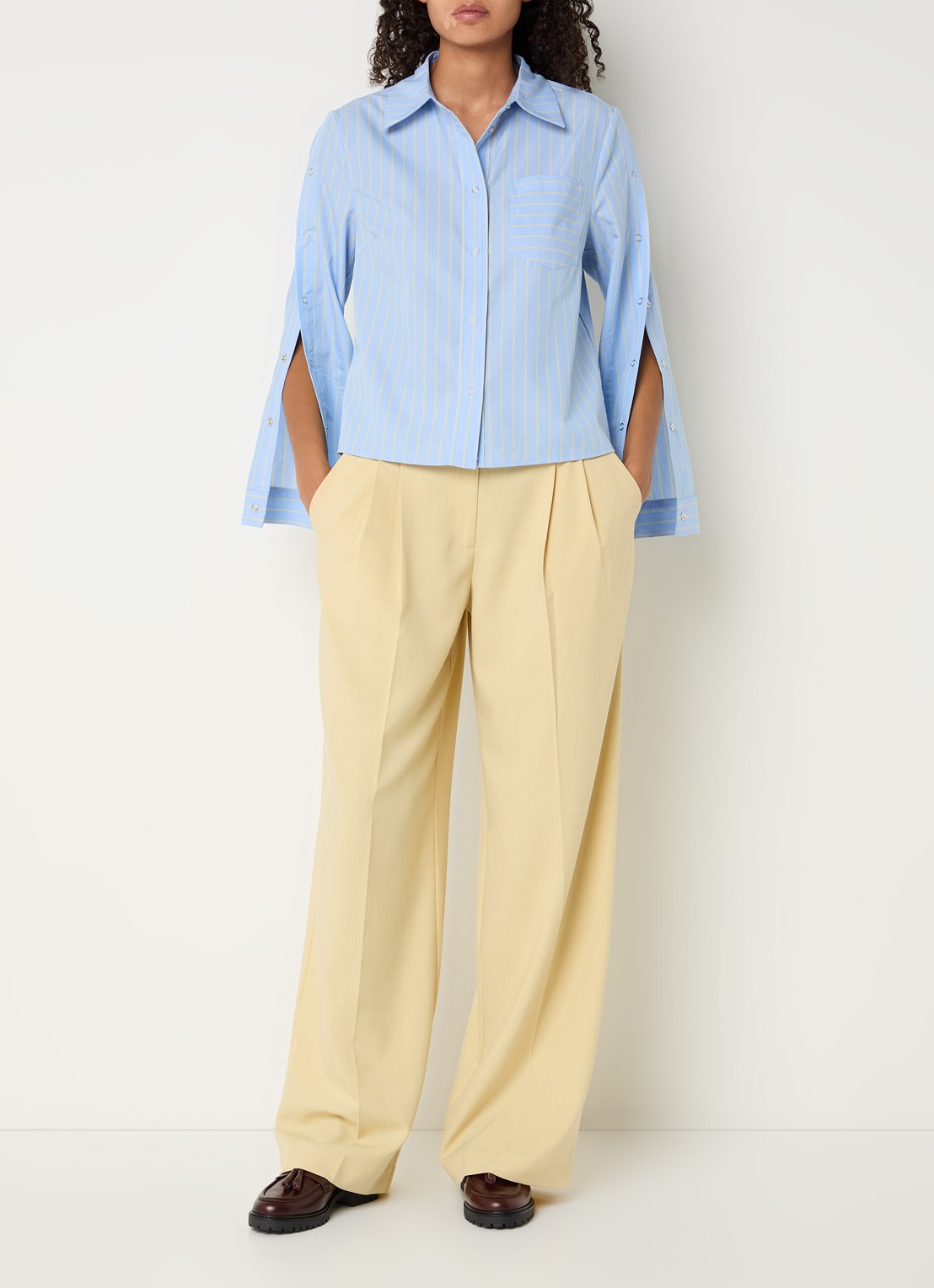Co'Couture Simo blouse met streepprint - voorkant 4 blauwgrijs