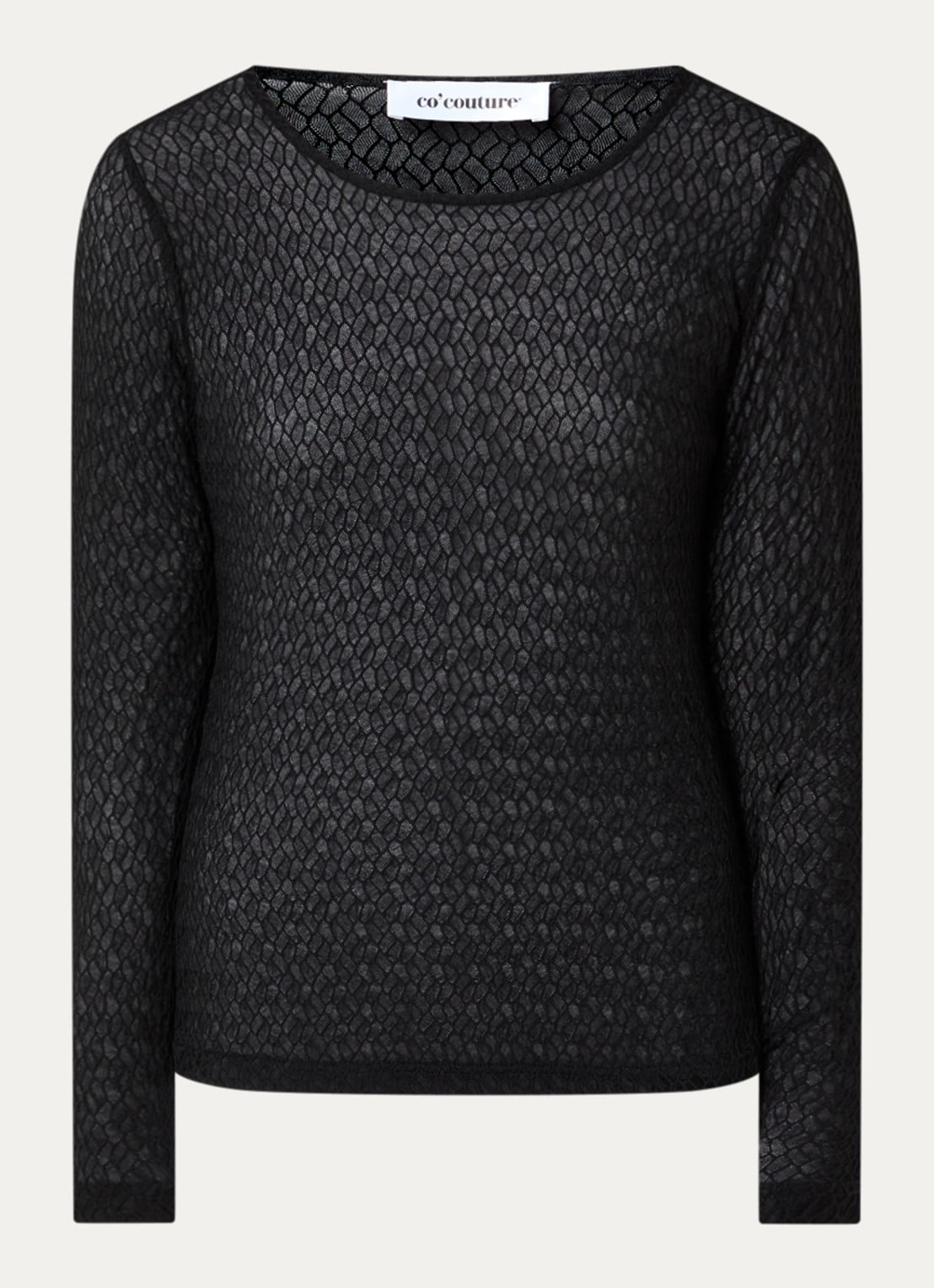 Co'Couture SvalaCC semi-transparante top met opengewerkt dessin - voorkant 3 zwart