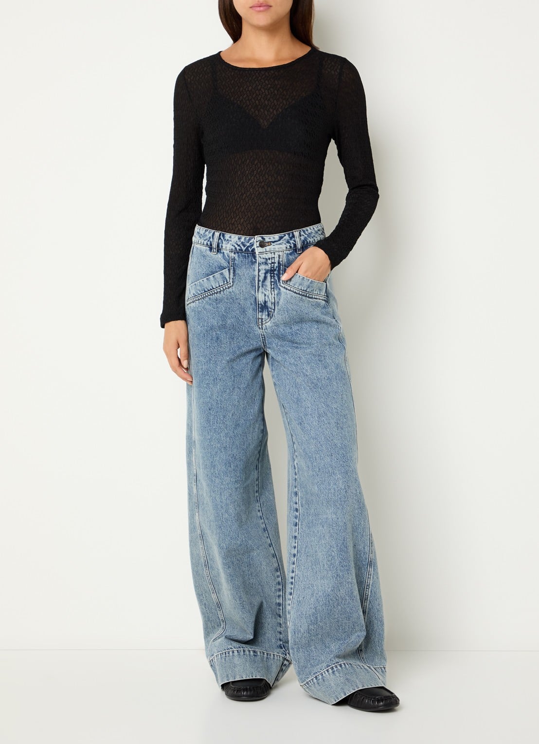 Co'Couture SvalaCC semi-transparante top met opengewerkt dessin - voorkant 4 zwart