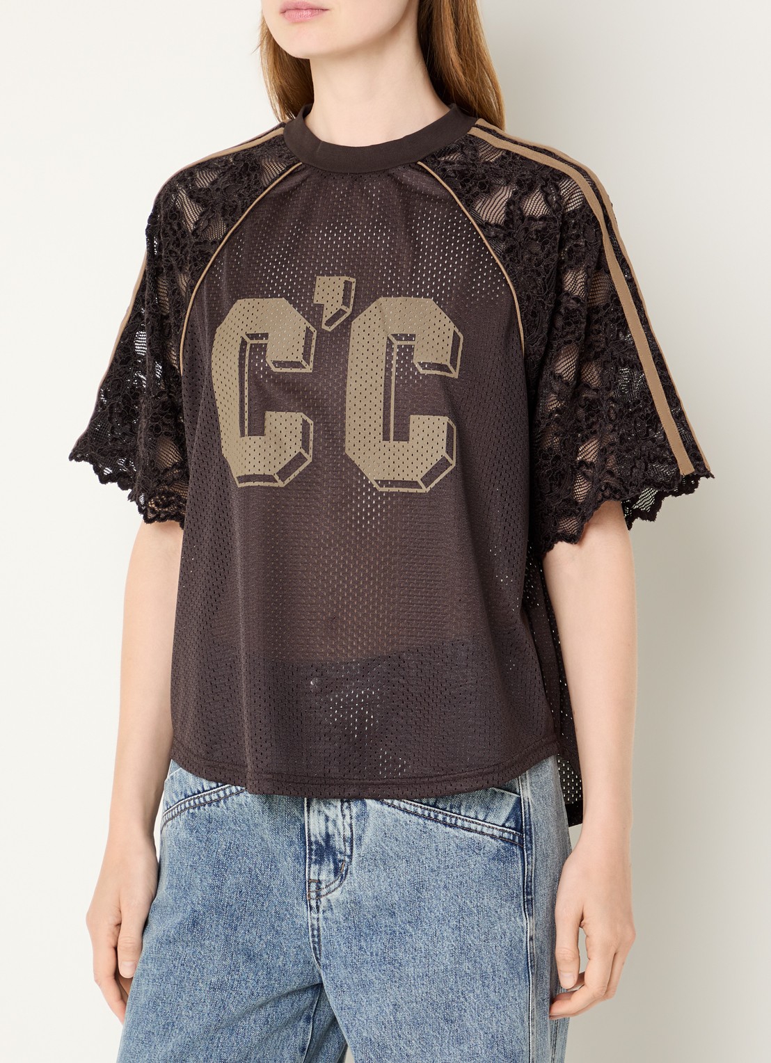 Co'Couture Trey semi-transparant T-shirt van kant met print - detail 2 bruin