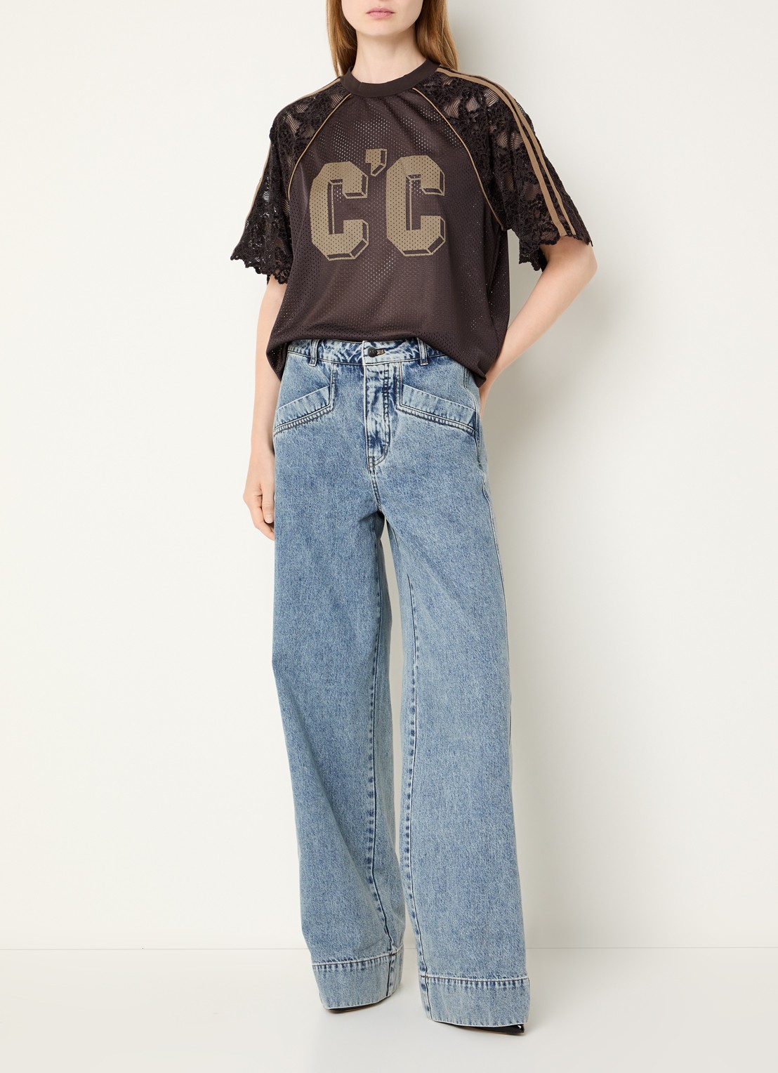 Co'Couture Trey semi-transparant T-shirt van kant met print - voorkant 4 bruin