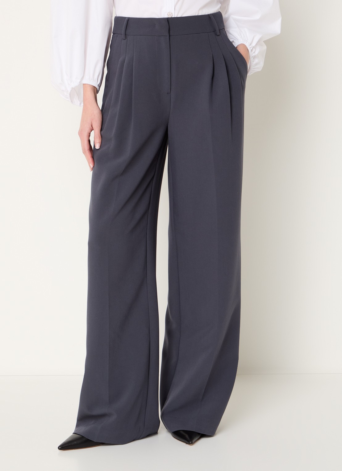 Co'Couture Vola high waist wide fit pantalon met stretch - detail donkergrijs