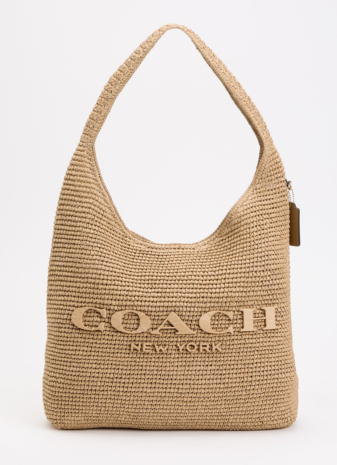 Coach Brooklyn 39 schoudertas van stro met logo  - voorkant beige