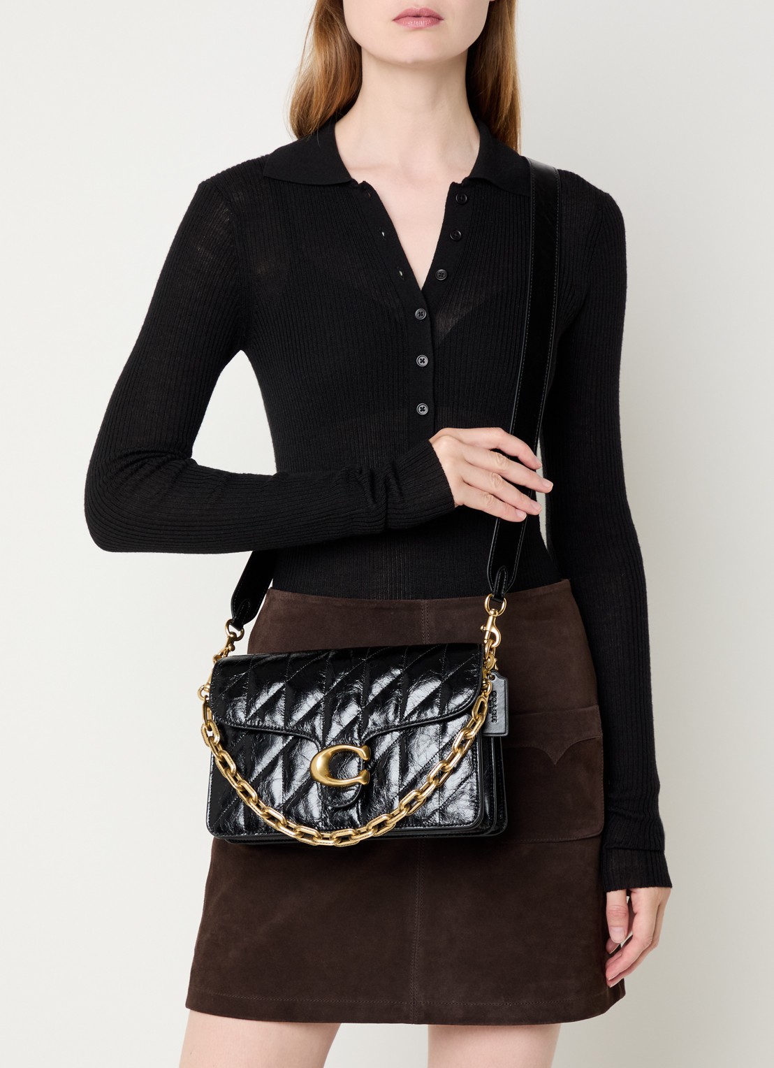 Coach Chain Tabby schoudertas van leer met quilt patroon en afneembare schouderriem - voorkant 6 zwart
