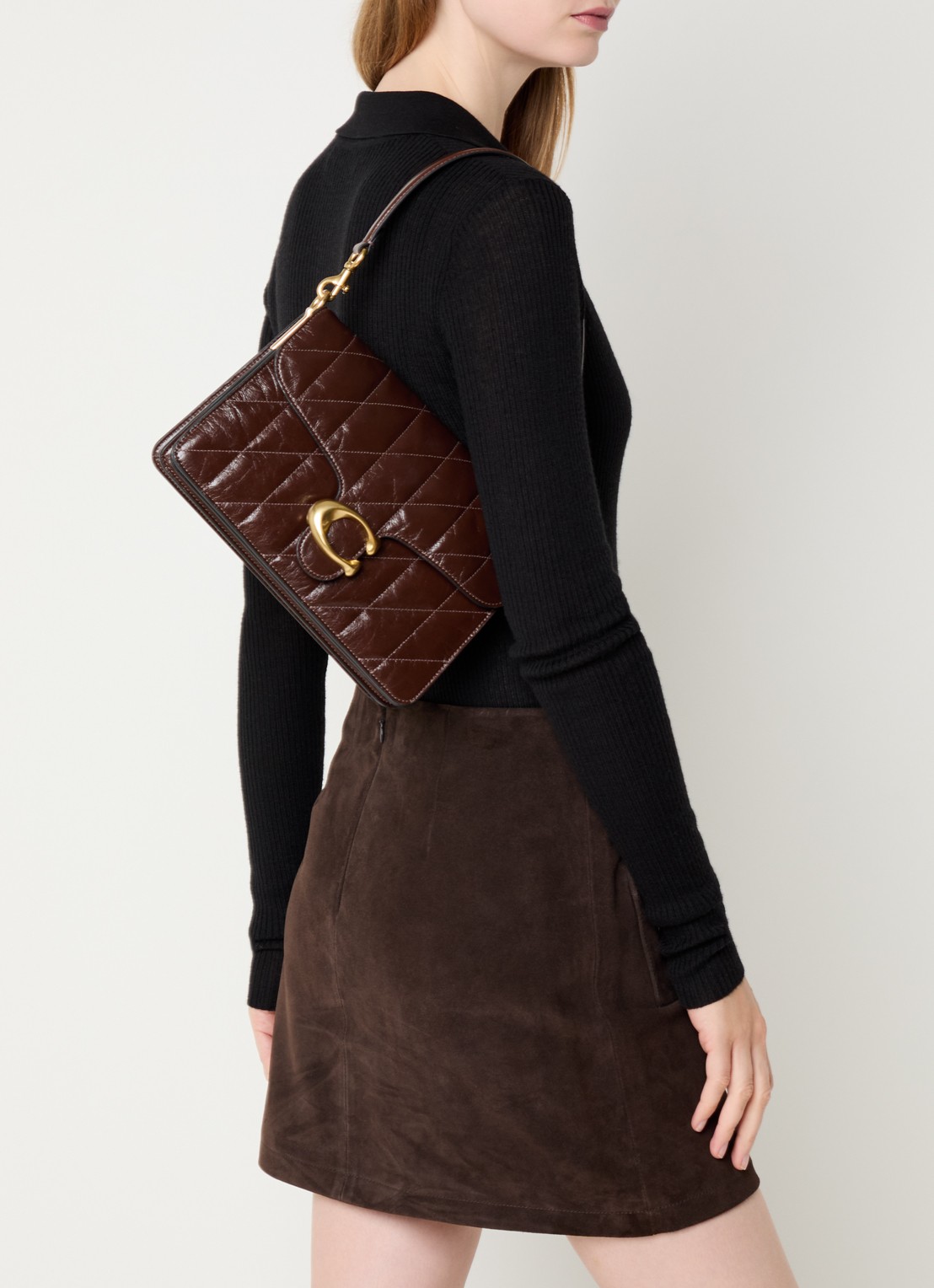 Coach Chain Tabby schoudertas van leer met quilt patroon en afneembare schouderriem - voorkant 2 donkerbruin