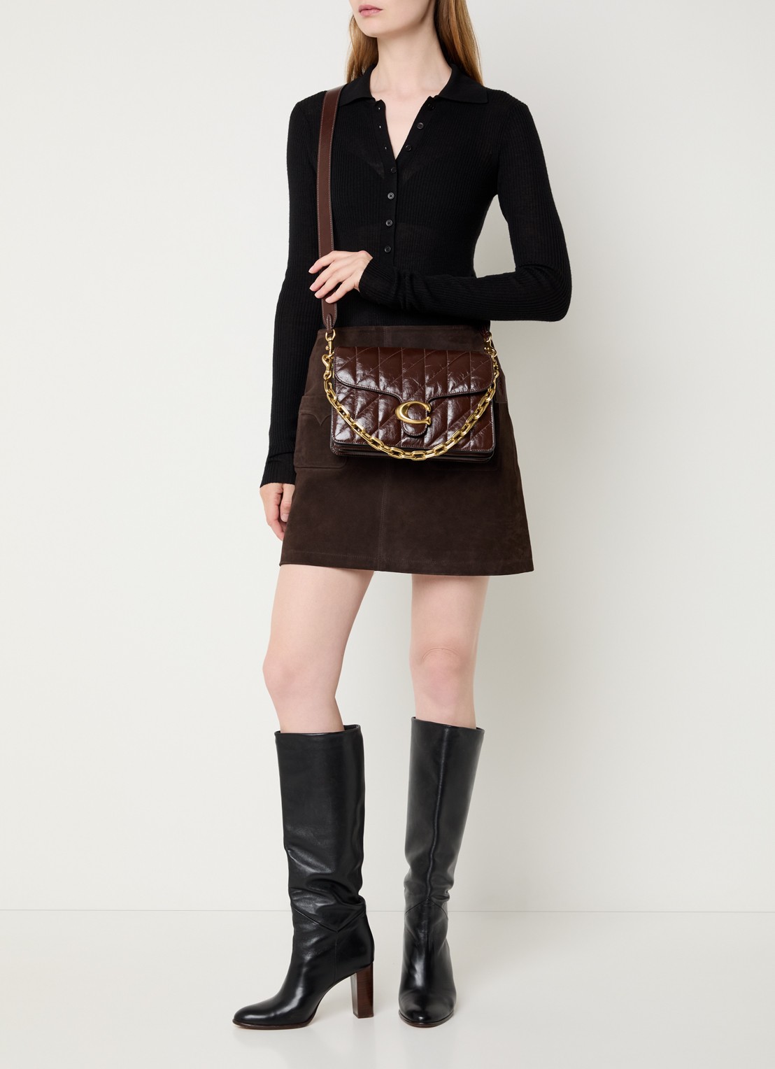 Coach Chain Tabby schoudertas van leer met quilt patroon en afneembare schouderriem - voorkant 3 donkerbruin