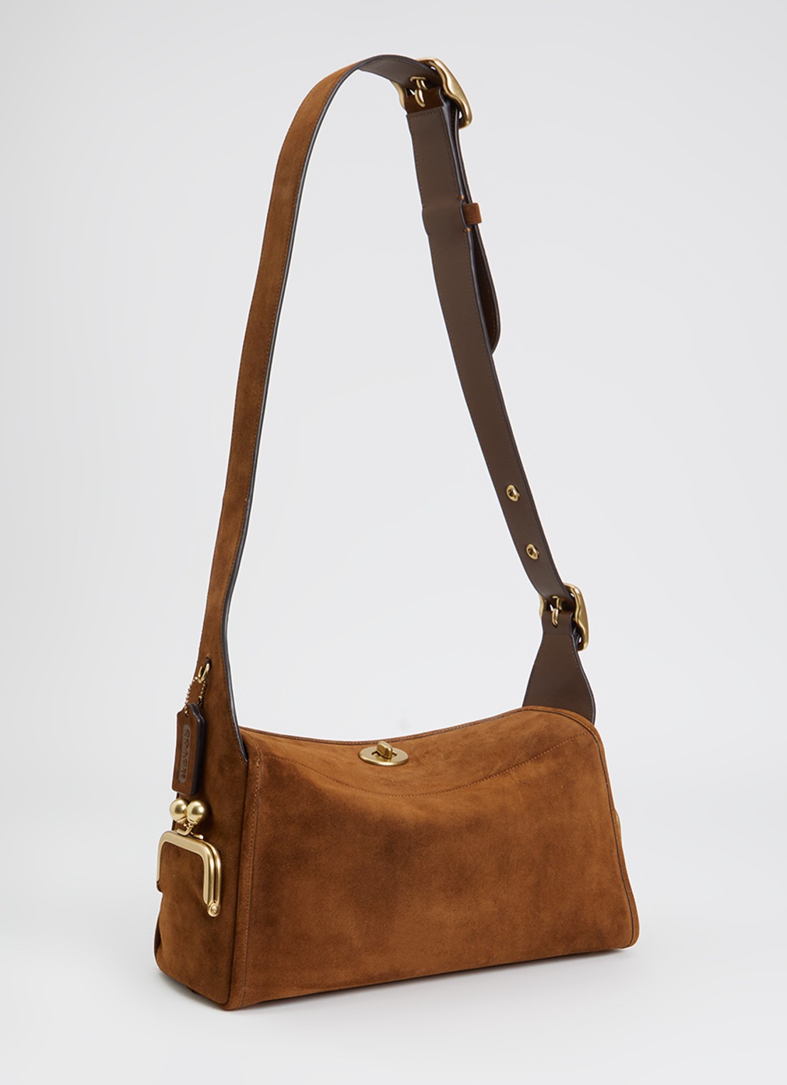 Coach Turnlock Haversack crossbodytas van kalfssuède - achterkant cognac