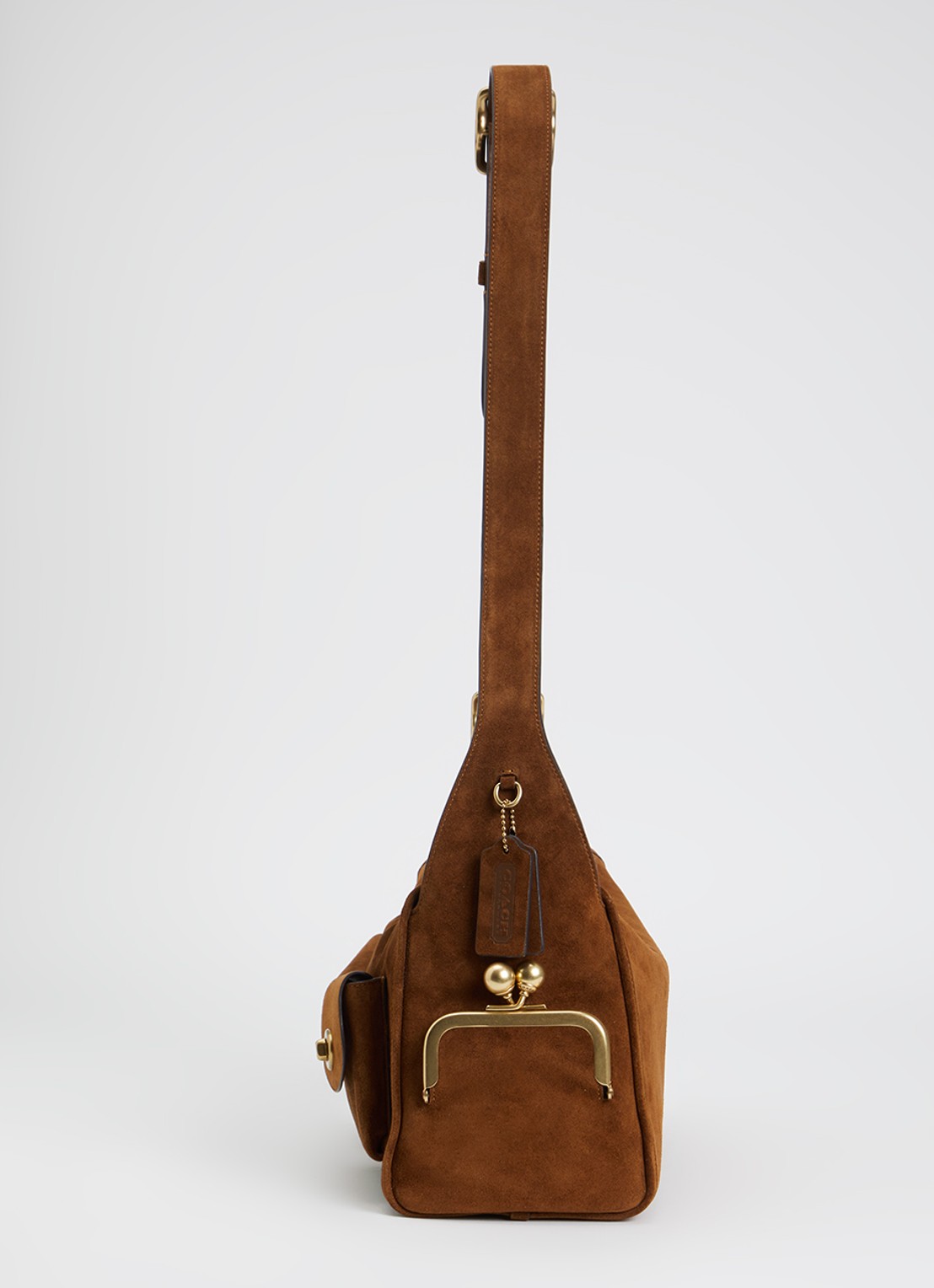 Coach Turnlock Haversack crossbodytas van kalfssuède - detail 3 cognac
