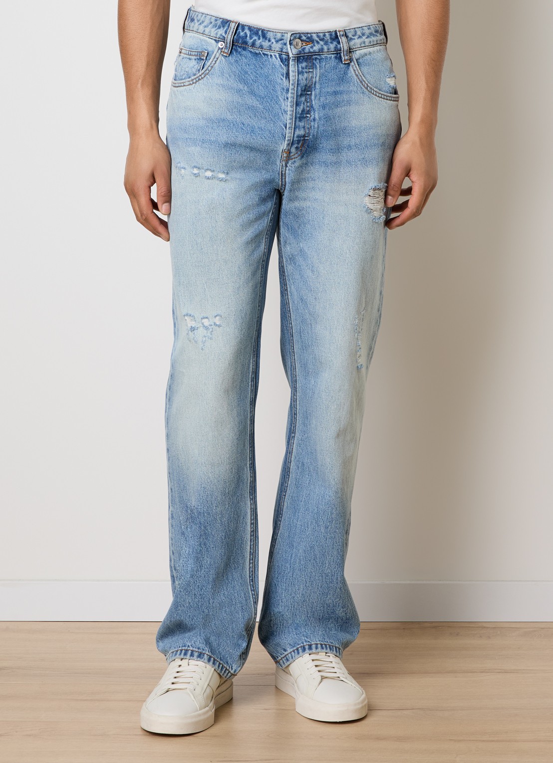 Cole Buxton Beverly straight leg jeans met destroyed afwerking - detail 2 indigo