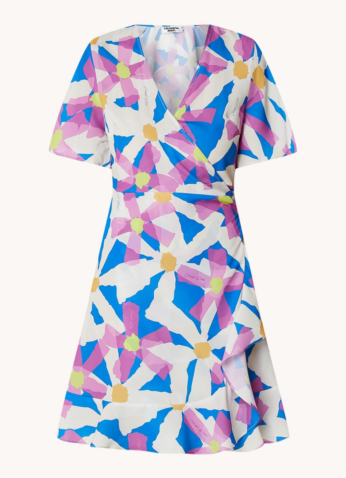 Colourful Rebel Telsi mini wikkeljurk met bloemenprint en vlindermouw - voorkant blauw