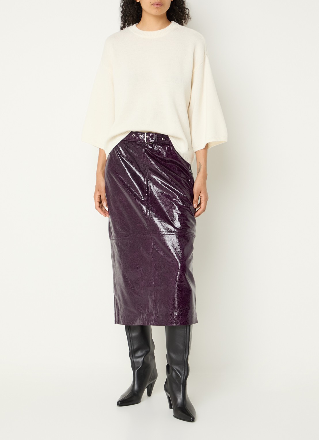 Copenhagen Muse CMAmy midi kokerrok van imitatieleer met ceintuur - voorkant 3 aubergine
