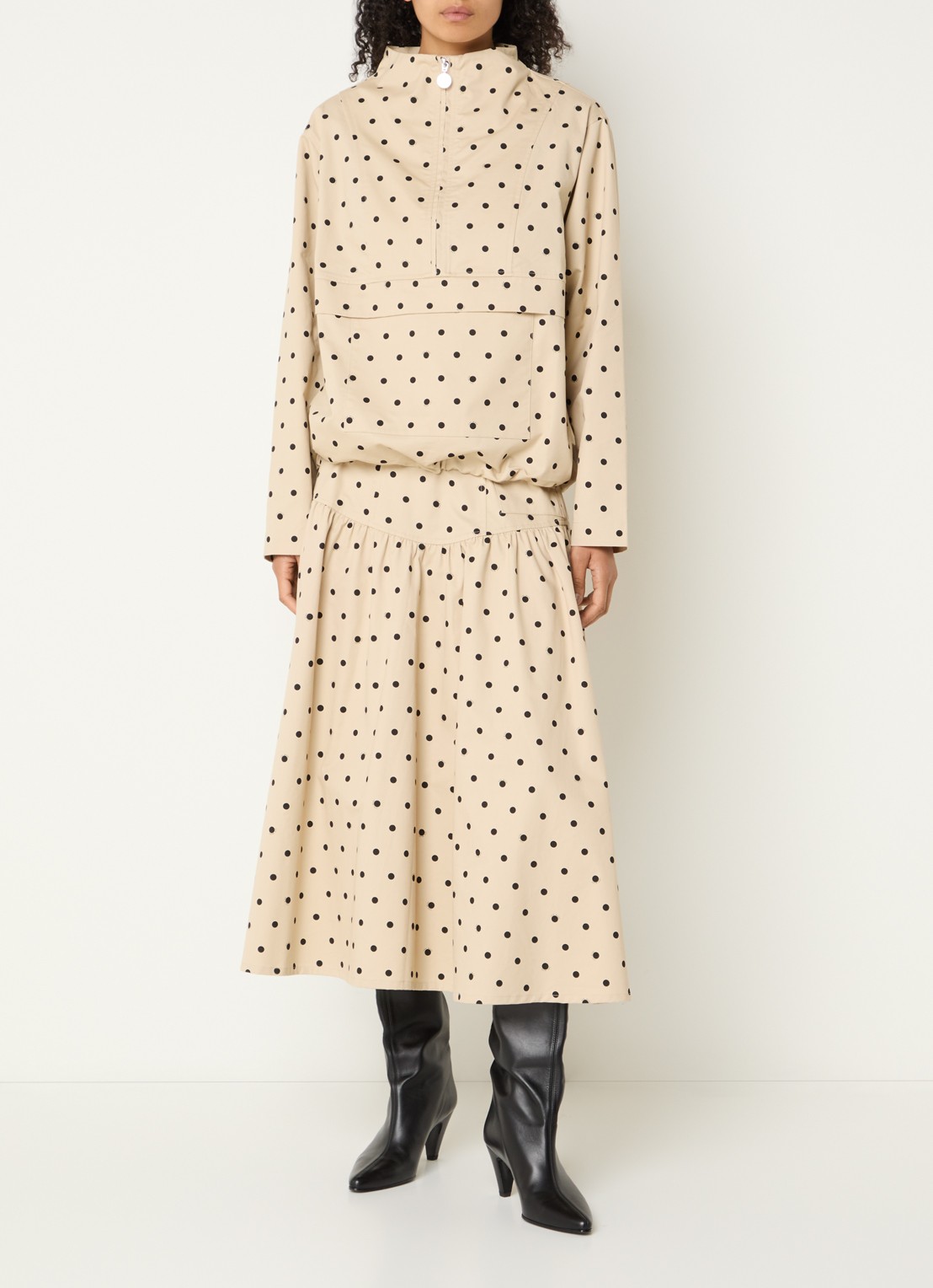 Copenhagen Muse CMDottie midi A-lijn rok met stippenprint - voorkant 4 beige