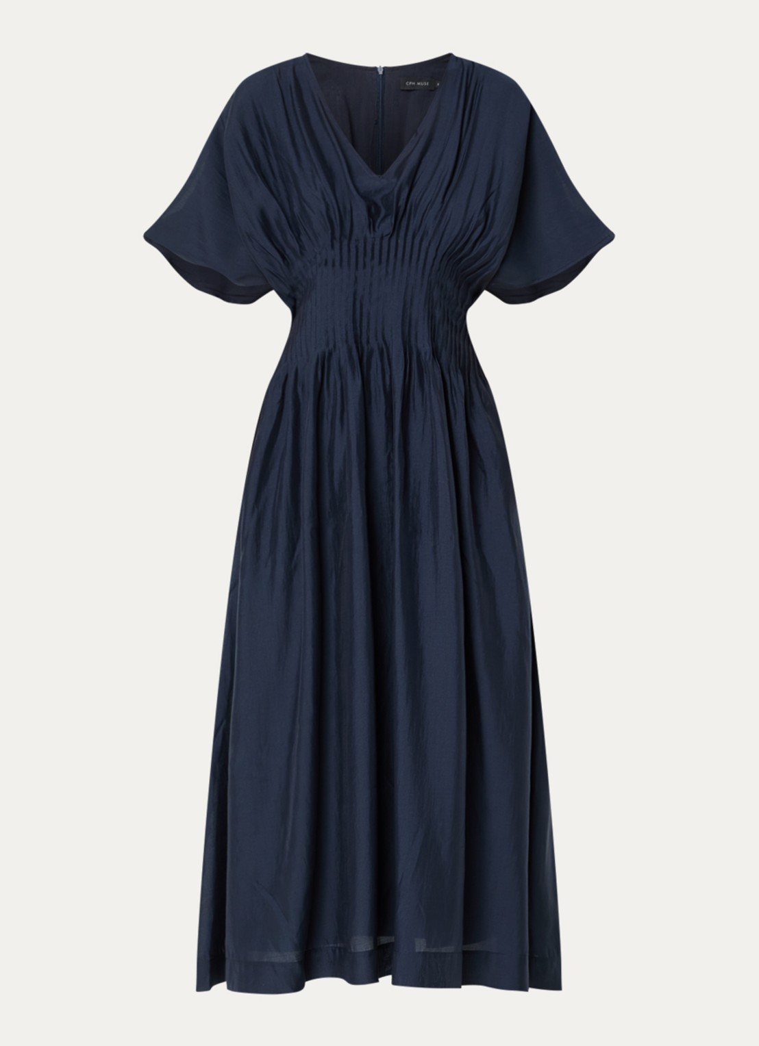 Copenhagen Muse CMMolly maxi jurk met plissé en vlindermouw - voorkant donkerblauw
