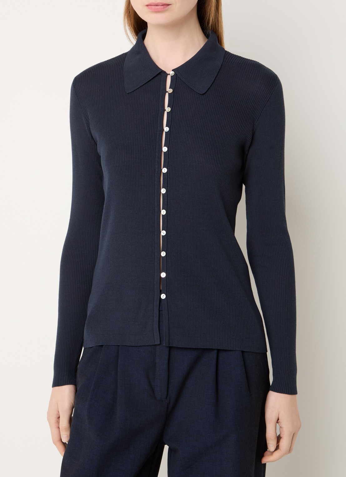 Copenhagen Muse Monnie ribgebreid vest met kraag - detail 3 donkerblauw