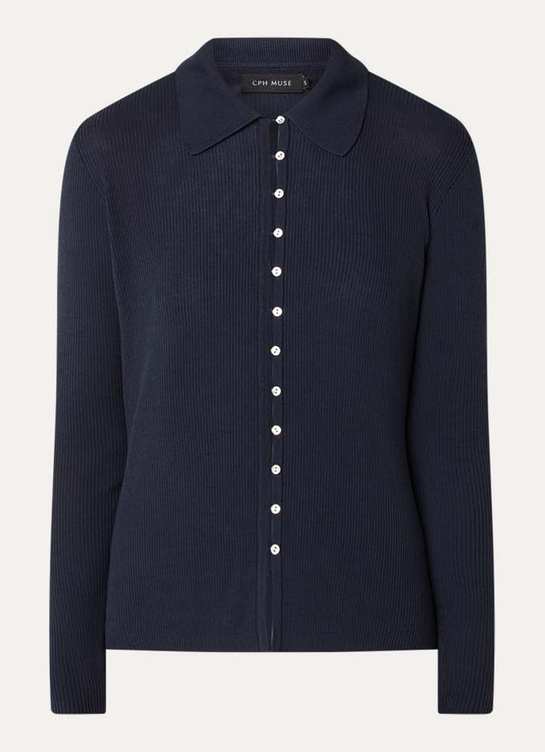 Copenhagen Muse Monnie ribgebreid vest met kraag - voorkant donkerblauw