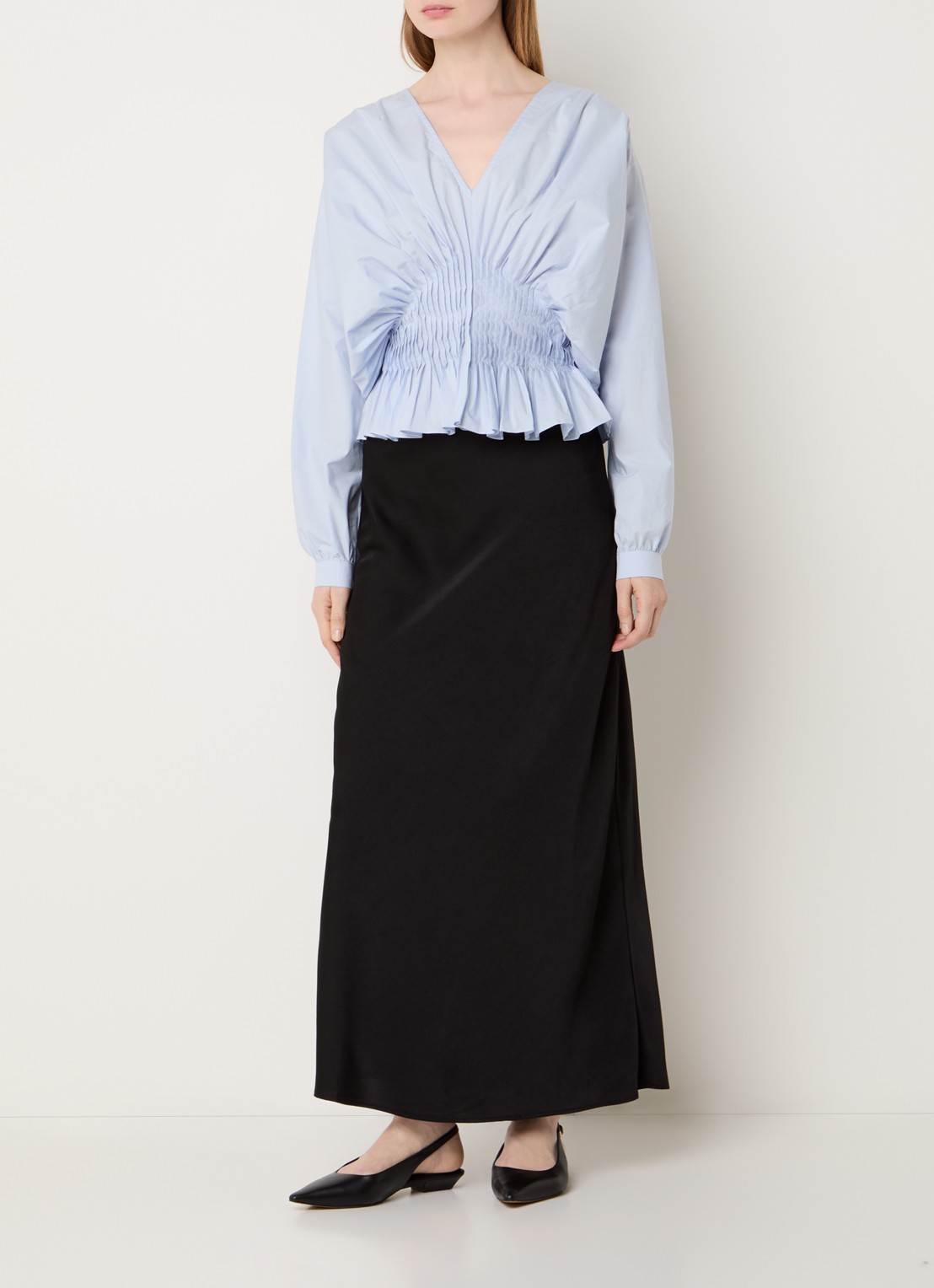 Copenhagen Muse Poplin tuniek met plooidetail  - voorkant 4 lichtblauw