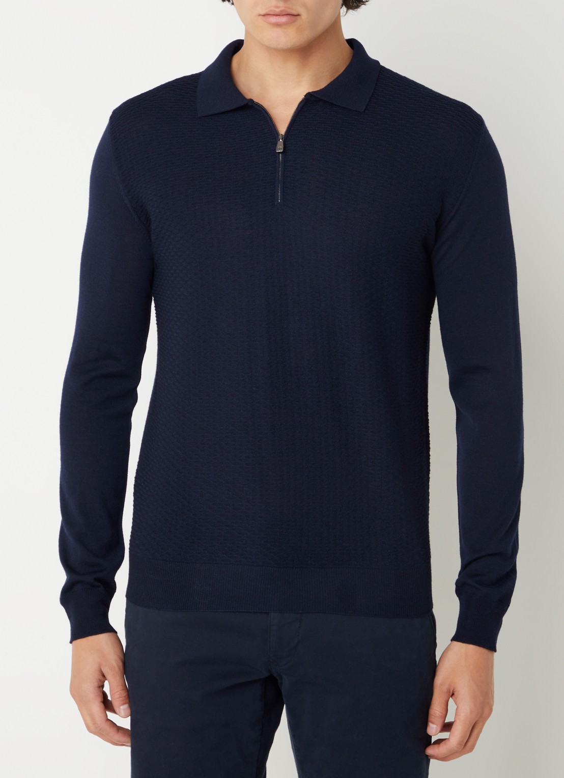 Corneliani Fijngebreide slim fit polo van scheerwol met halve rits en structuur - detail 2 blauw