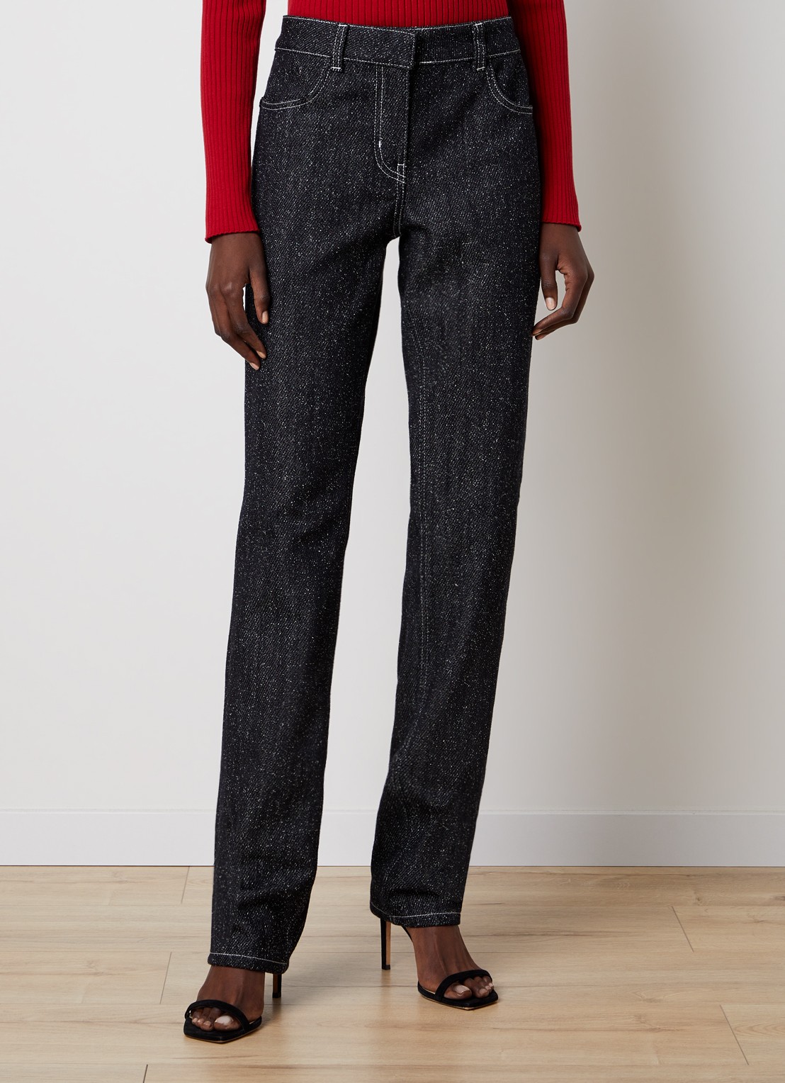 Courrèges High waist straight leg jeans met tweed-look - detail zwart