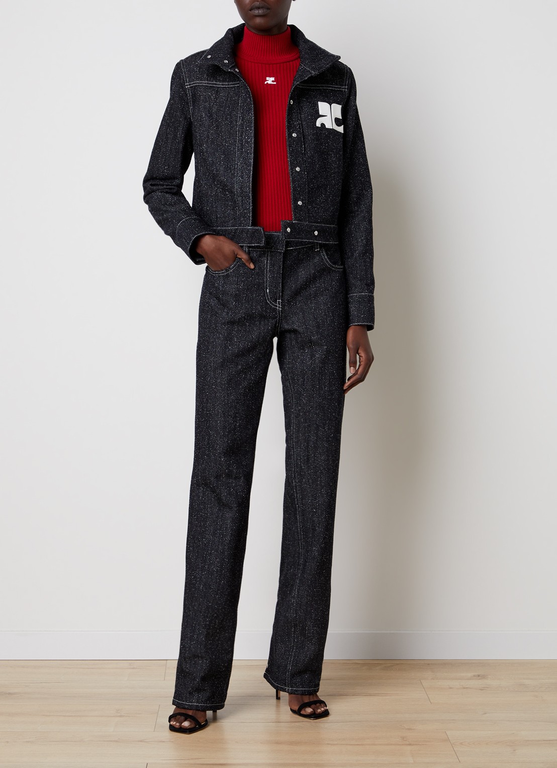 Courrèges High waist straight leg jeans met tweed-look - voorkant 4 zwart