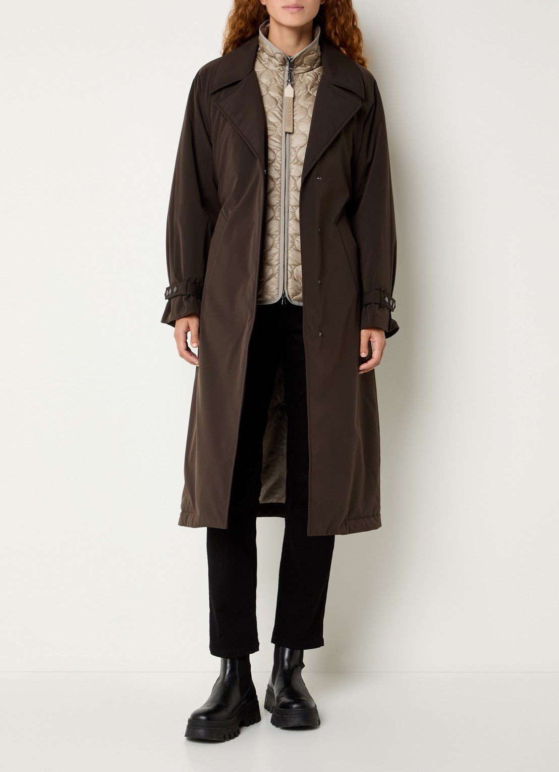 Creenstone Gyta gewatteerde trenchcoat met afneembare kraag  - detail chocoladebruin