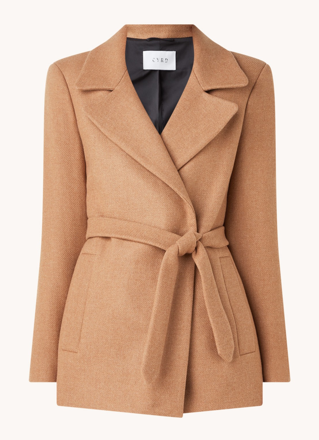 CVRD Eloise mantel in wolblend met strikceintuur - voorkant camel