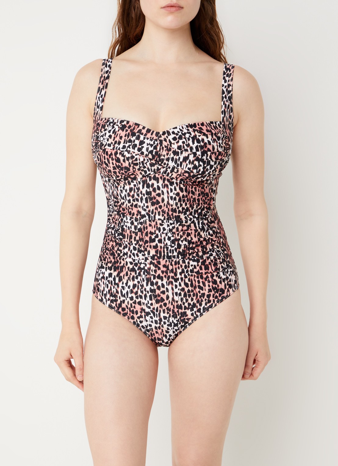 Cyell Badpak met voorgevormde cups en panterprint - detail koraalroze