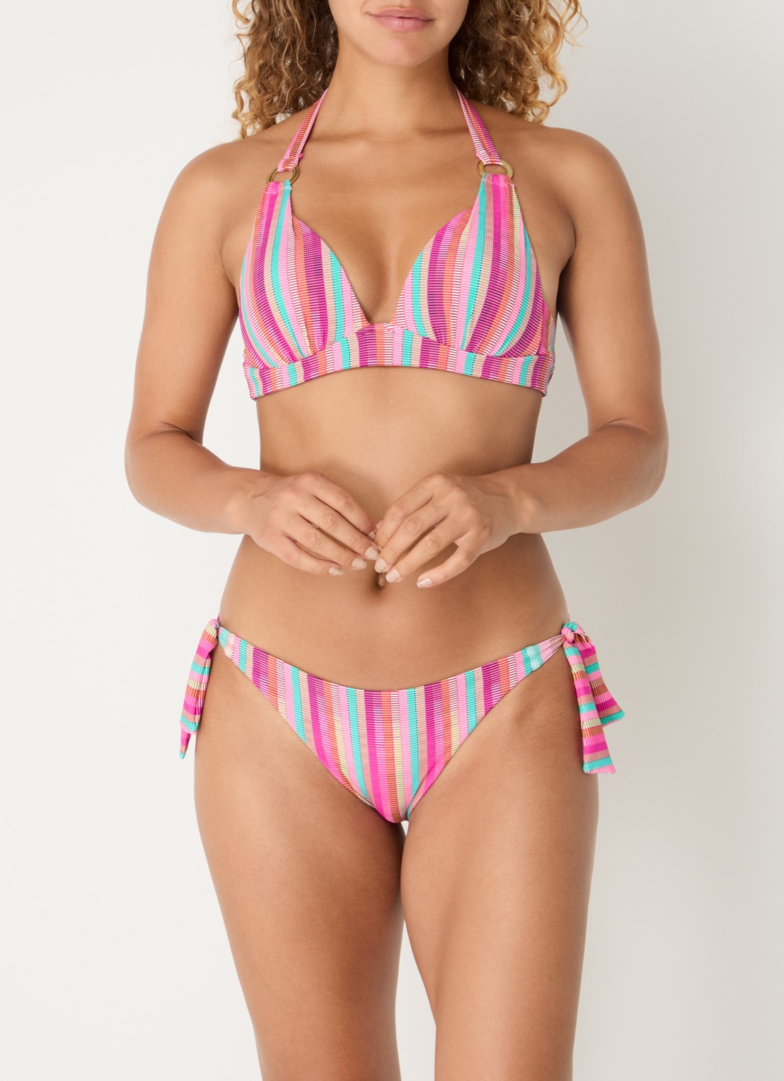 Cyell Push up halter bikinitop met streepprint - detail fuchsia
