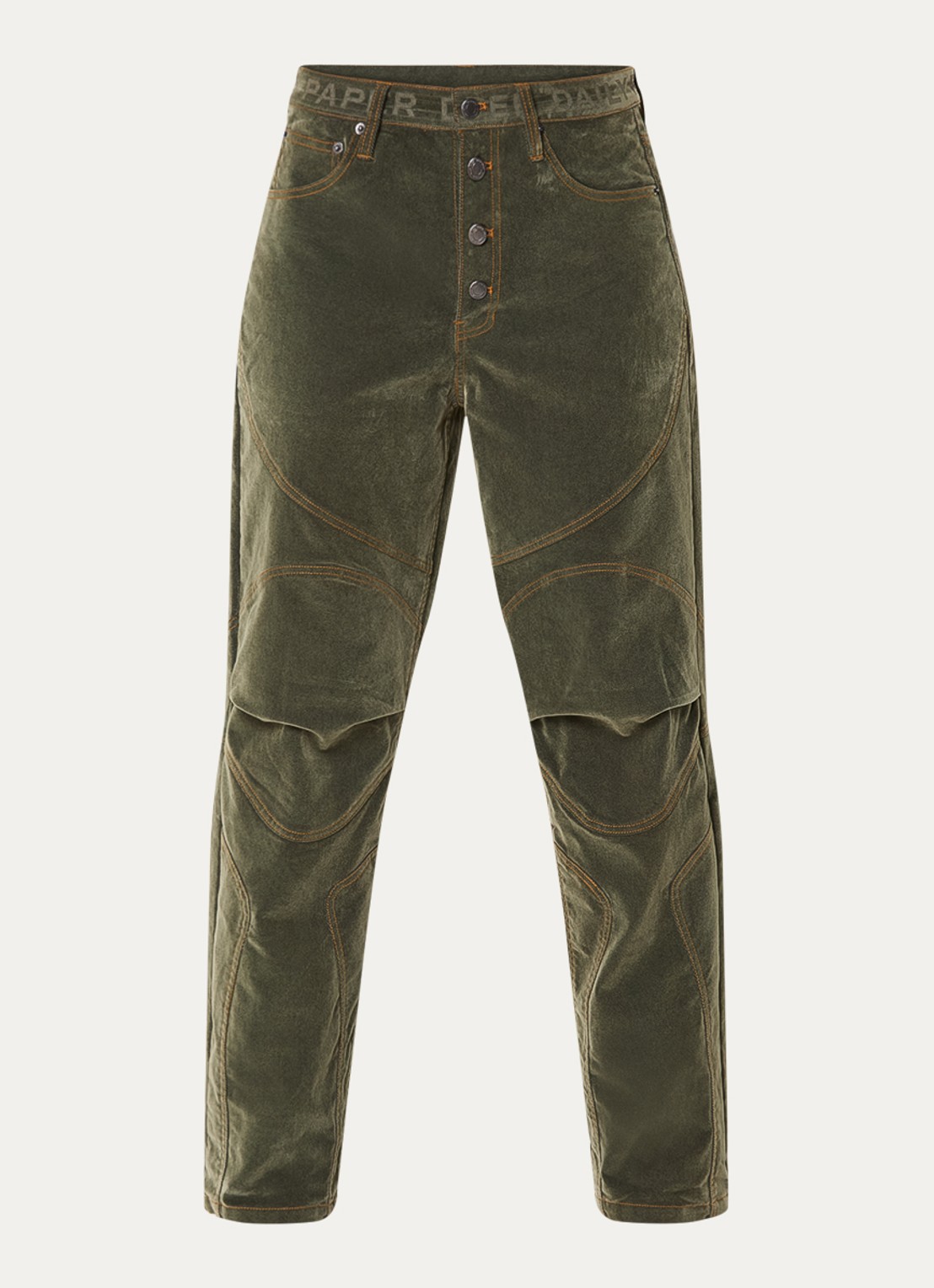 Daily Paper Low waist loose fit jeans van corduroy - voorkant olijfgroen
