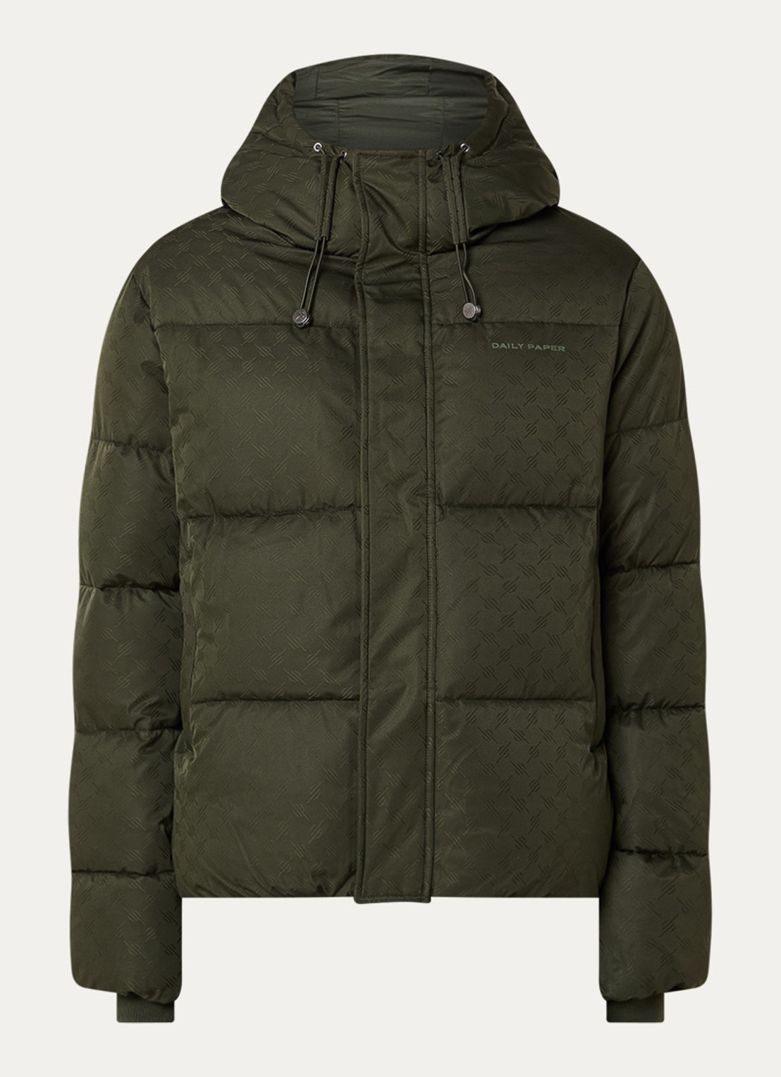 Daily Paper Puffer jack met capuchon - voorkant 2 donkergroen