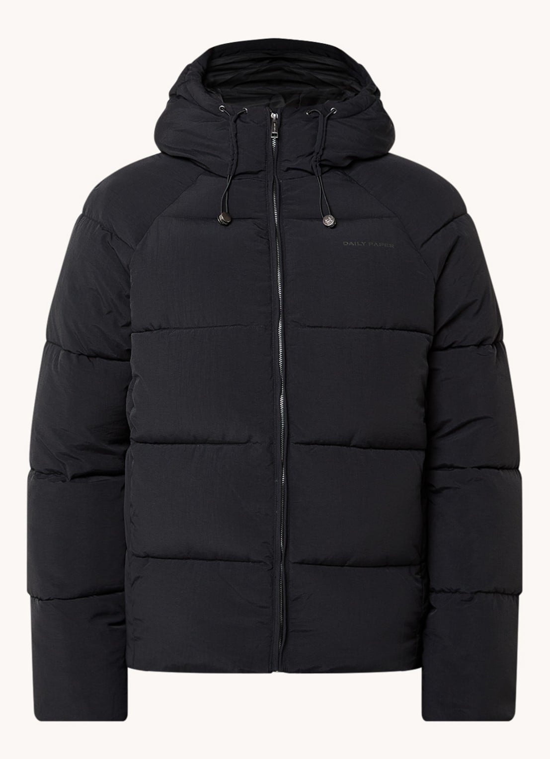 Daily Paper Puffer jack met ritszakken en capuchon - voorkant 2 zwart