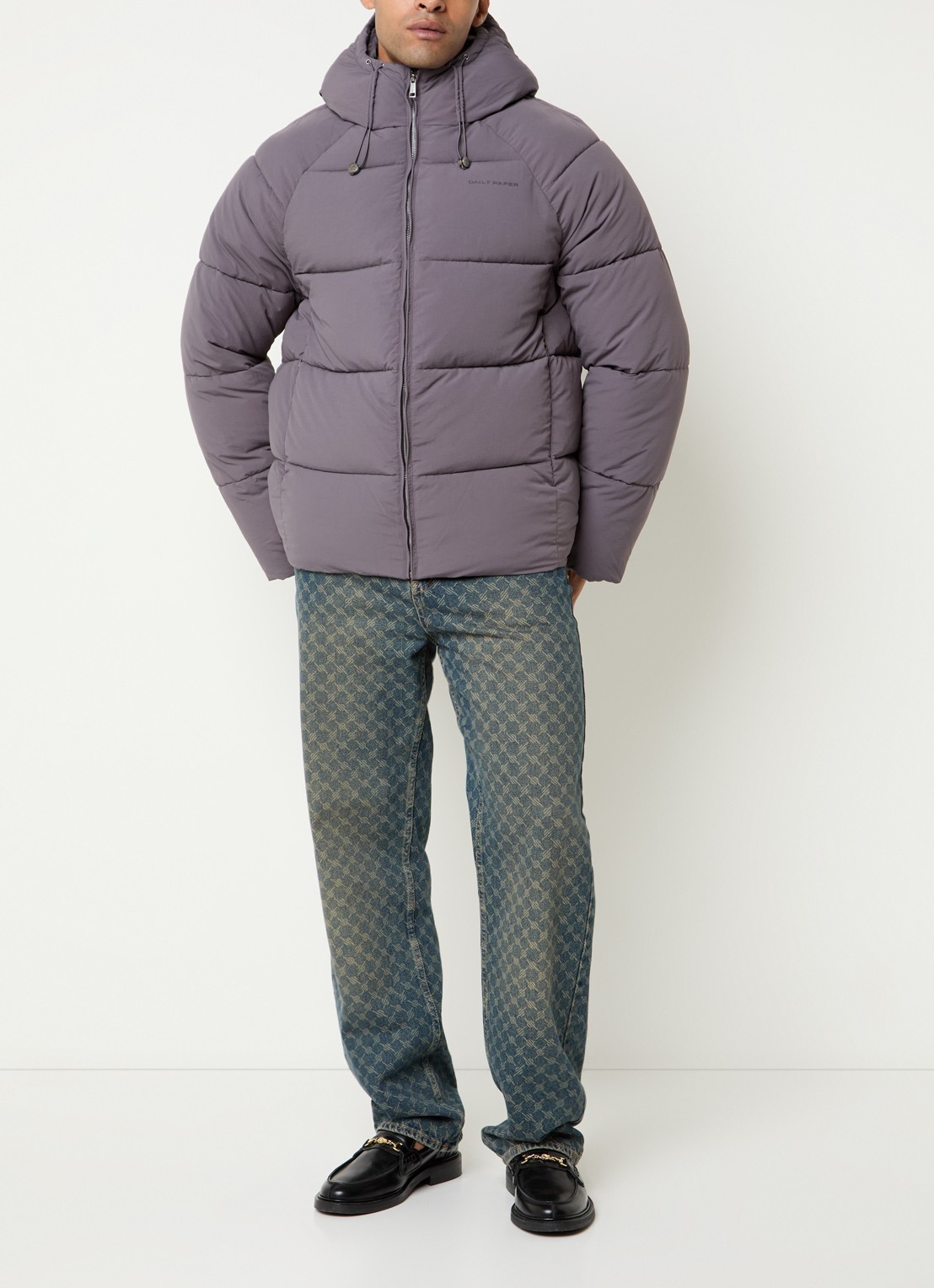 Daily Paper Puffer jack met ritszakken en capuchon - voorkant 3 paars