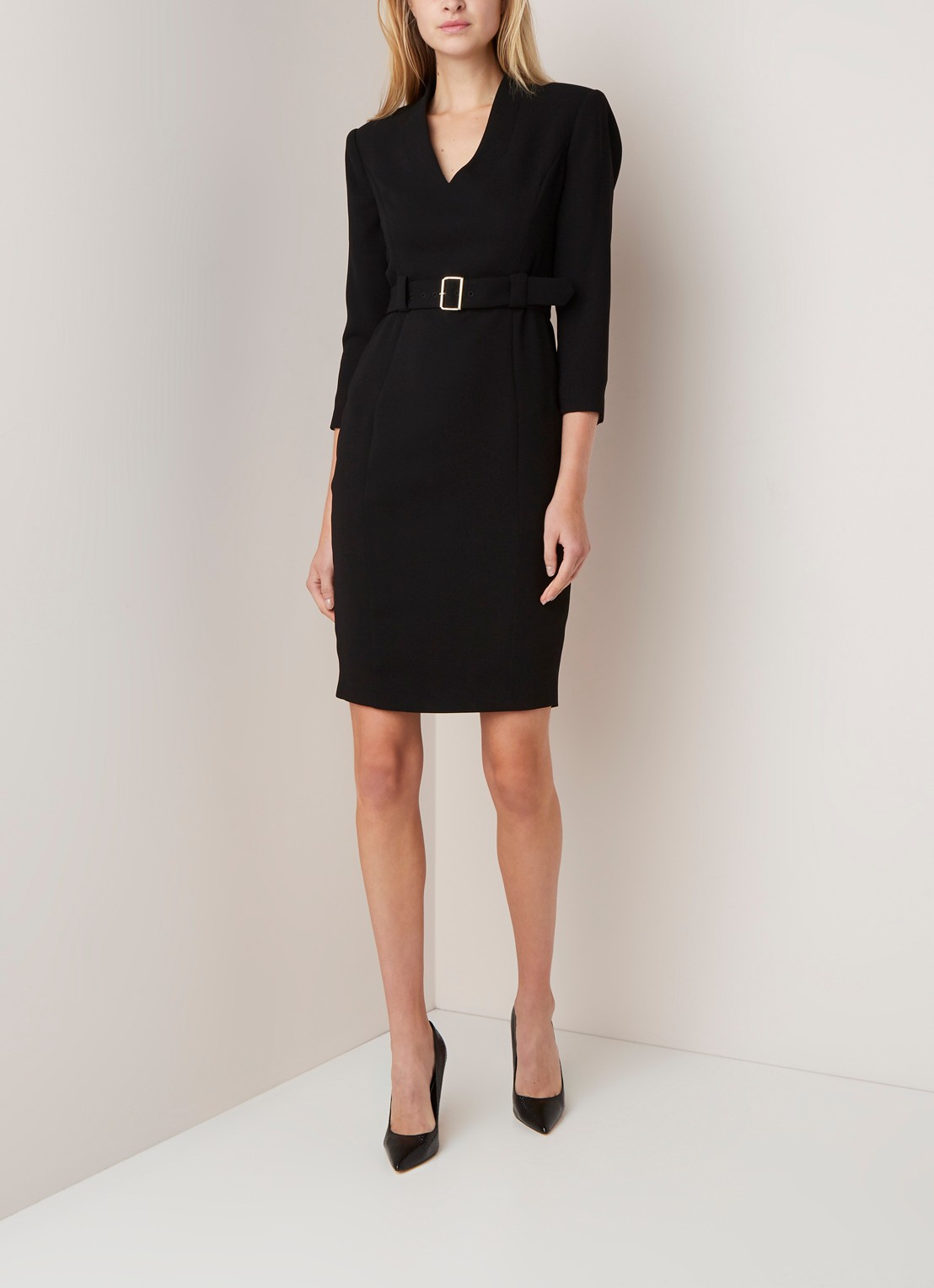 Damsel in a Dress Lydia mini jurk met ceintuur en driekwartmouw - voorkant 3 zwart